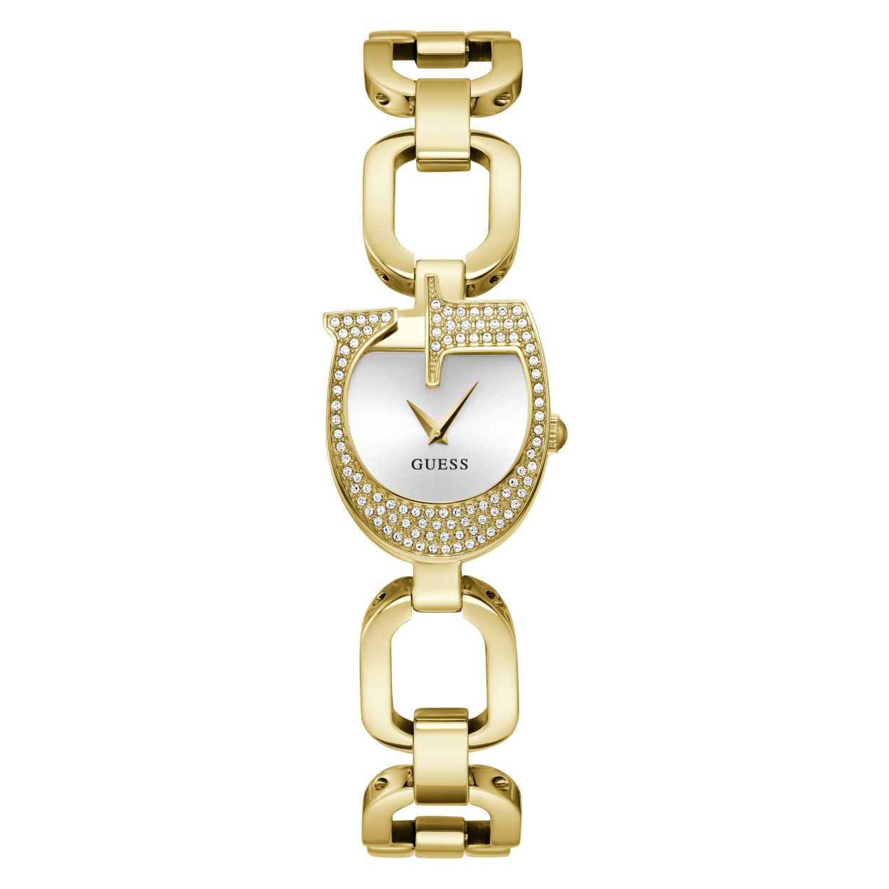 Goudkleurig horloge uit de GIA collectie van Guess Wathces. Een waar sieraad voor om de pols, dit subtiele model met een diameter van 22 mm is super vrouwelijk en elegant. Het horloge heeft de herkenbare G van GUESS als kast en een brede schakelband. Een ware eye-catcher die elke dag gedragen kan worden!