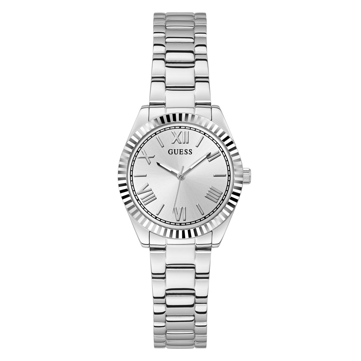 Dit horloge is perfect voor vrouwen die op zoek zijn naar een klassiek en elegant horloge. Het zilverkleurige ontwerp geeft het horloge een luxe uitstraling en de romeinse cijfers zorgen voor een tijdloze touch. De ribbel luntet voegt een subtiele textuur toe en de diameter is 30 mm.