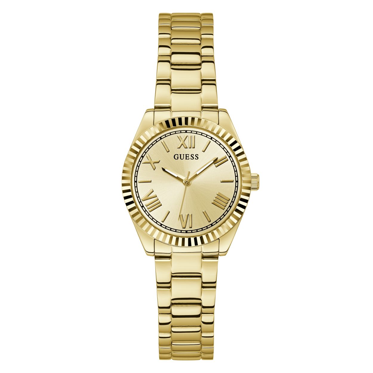 Dit horloge is perfect voor vrouwen die op zoek zijn naar een klassiek en elegant horloge. Het goudkleurige ontwerp geeft het horloge een luxe uitstraling en de romeinse cijfers zorgen voor een tijdloze touch. De ribbel luntet voegt een subtiele textuur toe en de diameter is 30 mm.