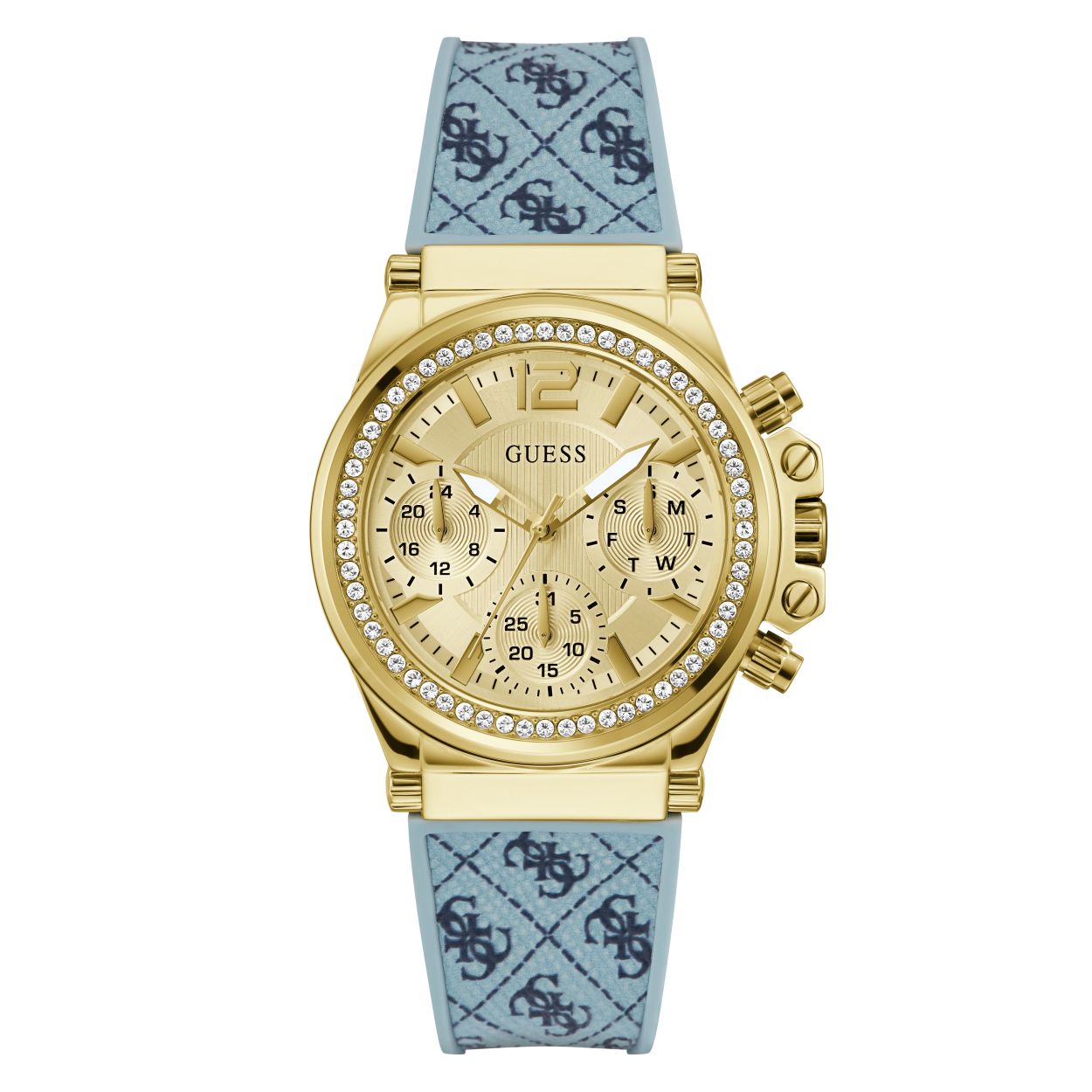 Dit horloge van Guess is een prachtige mix van stijl en functionaliteit. Het goudkleurige ontwerp geeft het een elegante uitstraling en de blauwe siliconen logo band zorgt voor een comfortabele pasvorm.  De diameter van dit model is 38 mm en de wijzerplaat leest dag, datum en 24-uurs aanduiding af.