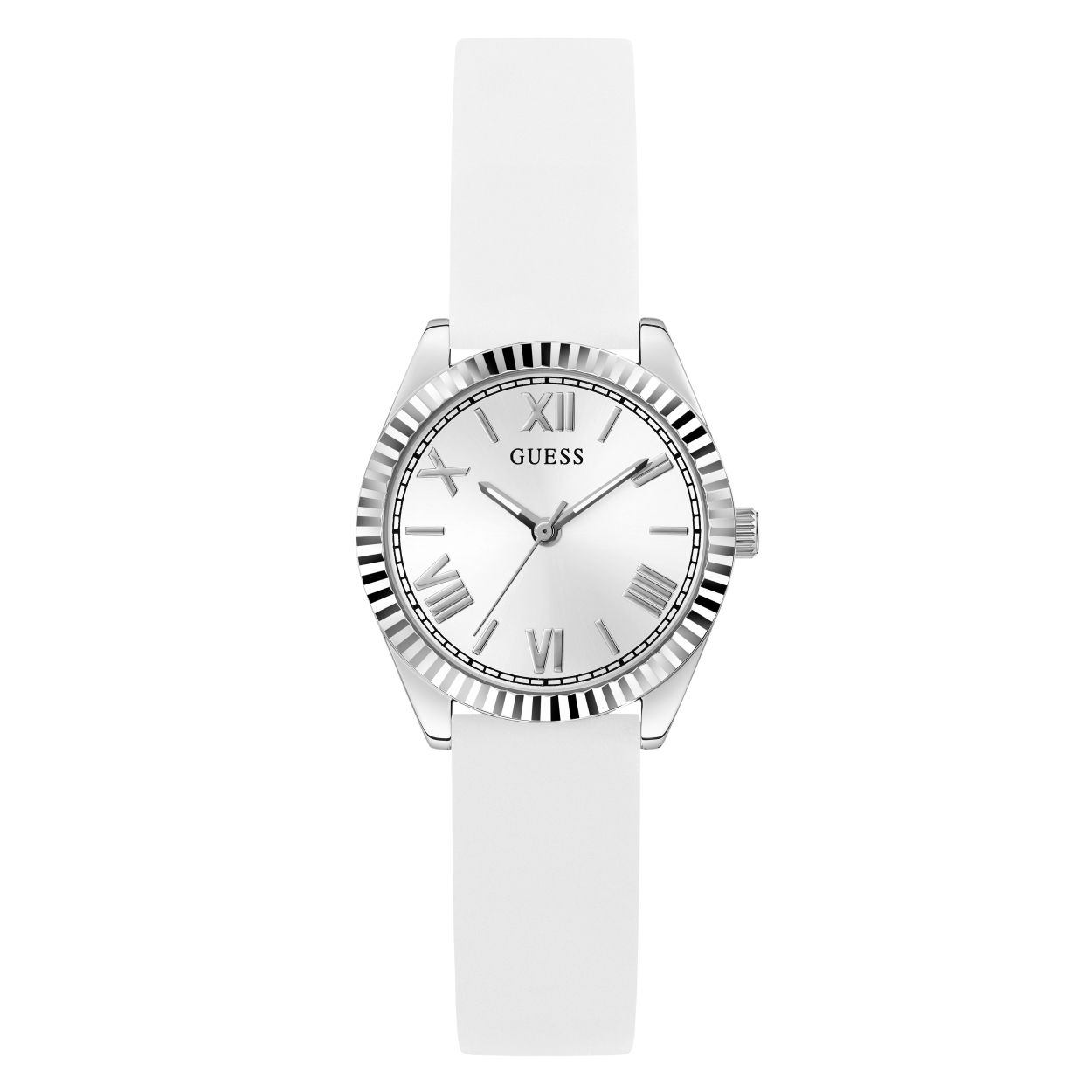 Dit horloge is perfect voor vrouwen die op zoek zijn naar een klassiek en elegant horloge. Het zilverkleurige ontwerp met witte silliconen band geeft het horloge een luxe uitstraling en de romeinse cijfers zorgen voor een tijdloze touch. De ribbel luntet voegt een subtiele textuur toe en de diameter is 30 mm.