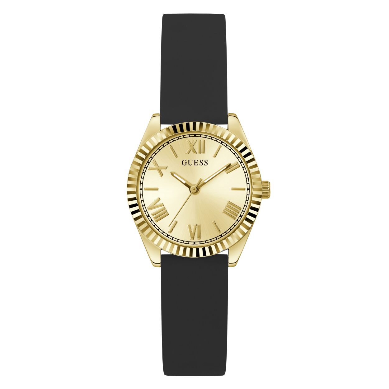 Dit horloge is perfect voor vrouwen die op zoek zijn naar een klassiek en elegant horloge. Het goudkleurige ontwerp met zwarte silliconen band geeft het horloge een luxe uitstraling en de romeinse cijfers zorgen voor een tijdloze touch. De ribbel luntet voegt een subtiele textuur toe en de diameter is 30 mm.