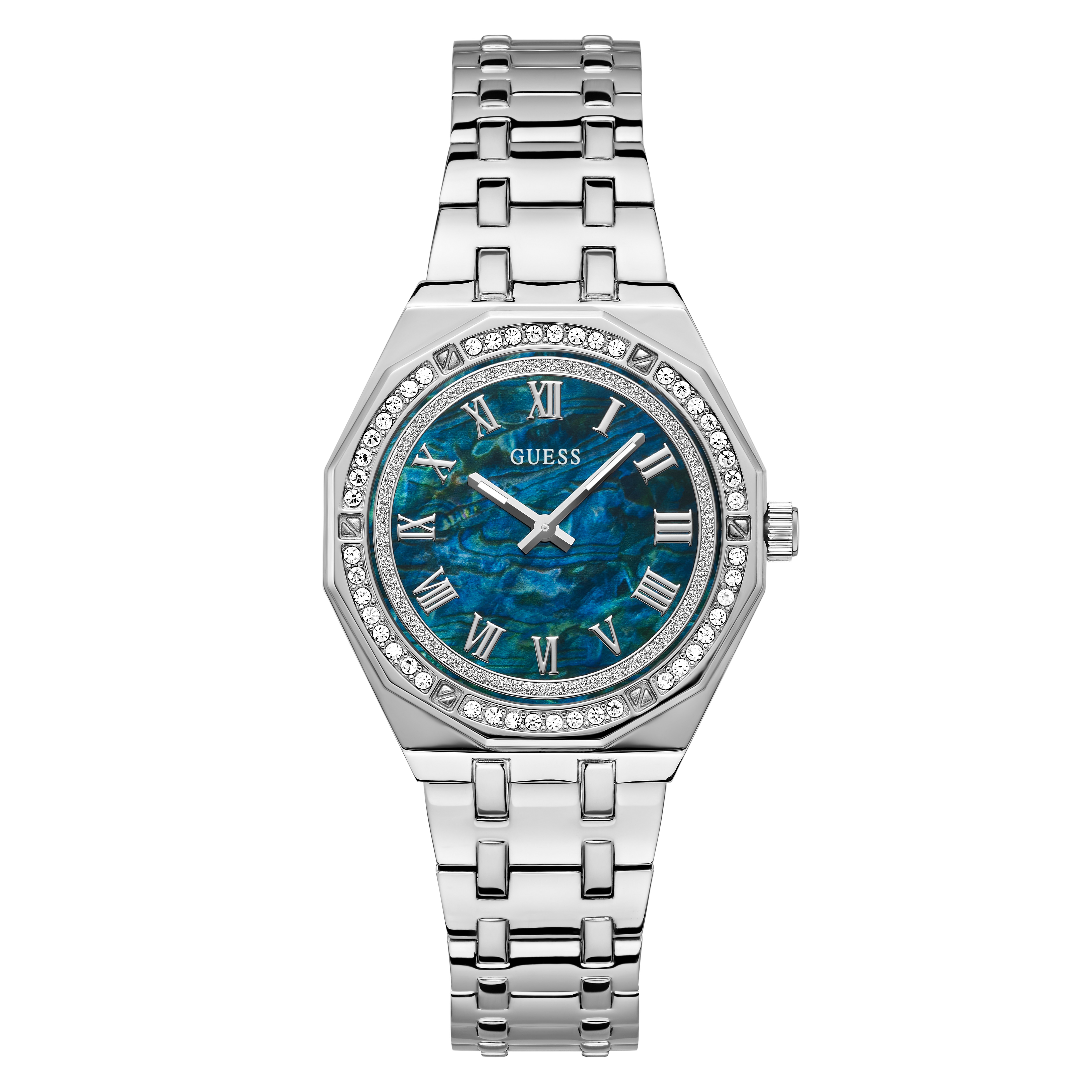 Dit prachtige horloge is een perfecte mix van elegantie en stijl. De zilveren kleur straalt tijdloze klasse uit, terwijl de blauwe parelmoeren wijzerplaat een vleugje speelsheid toevoegt. De sprankelende kristallen voegen een vleugje glamour toe aan het geheel, waardoor dit horloge een schitterende aanvulling is op elke outfit. Of je het nu draagt voor een speciale gelegenheid of gewoon voor dagelijks gebruik, dit Guess horloge zal zeker de aandacht trekken en je laten stralen.