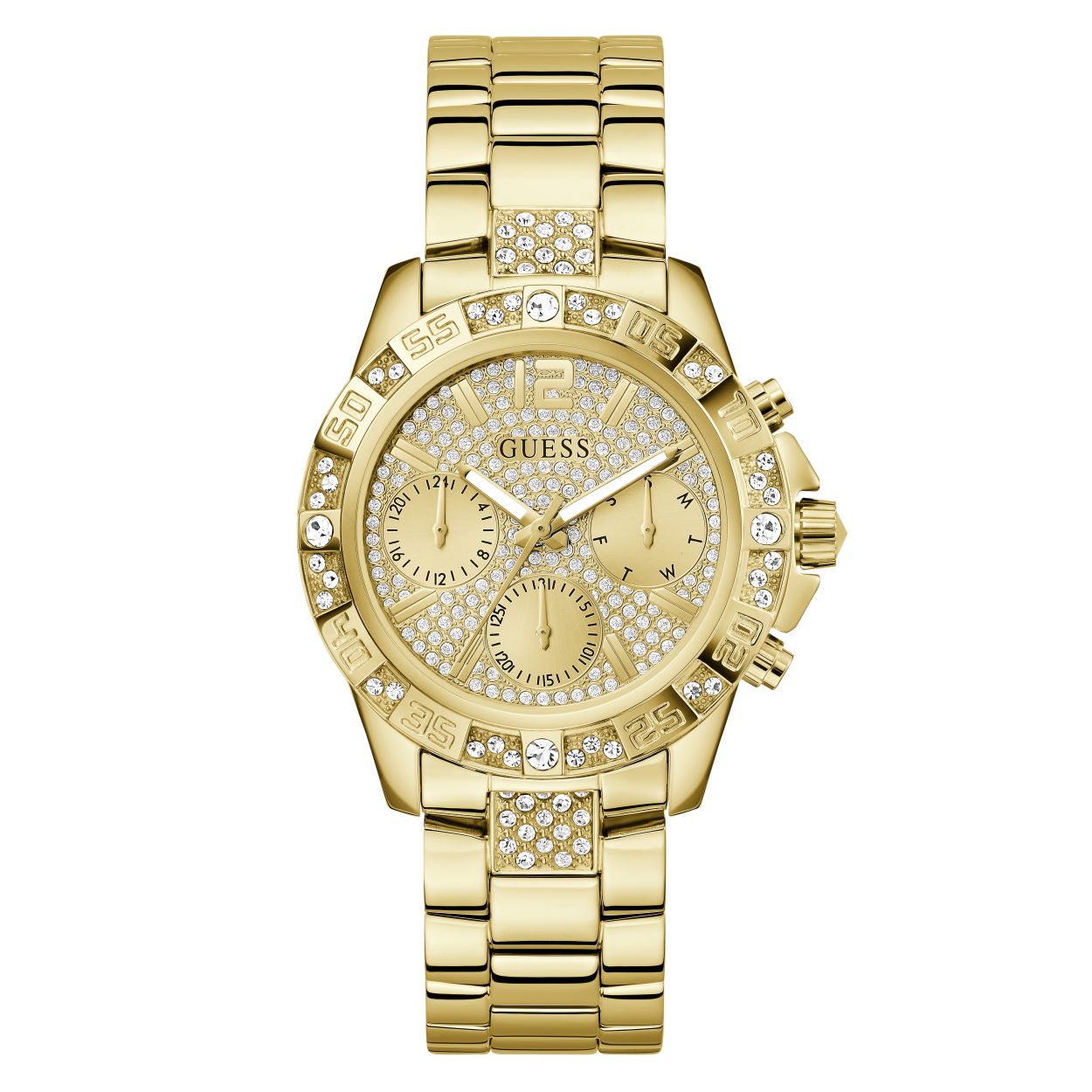 Dit prachtige horloge van Guess Jewellery straalt elegantie en stijl uit. Met zijn goudkleurige afwerking en stoere schakelband is het een ware eyecatcher om je pols. De toevoeging van de fonkelende kristallen geeft het horloge net dat beetje extra glam. Of je nu een speciale gelegenheid bijwoont of gewoon je dagelijkse look wilt opfleuren, dit dameshorloge zal zeker je outfit completeren en je zelfvertrouwen een boost geven. Laat je pols stralen met dit prachtige multi-functionele accessoire van Guess Jewellery!