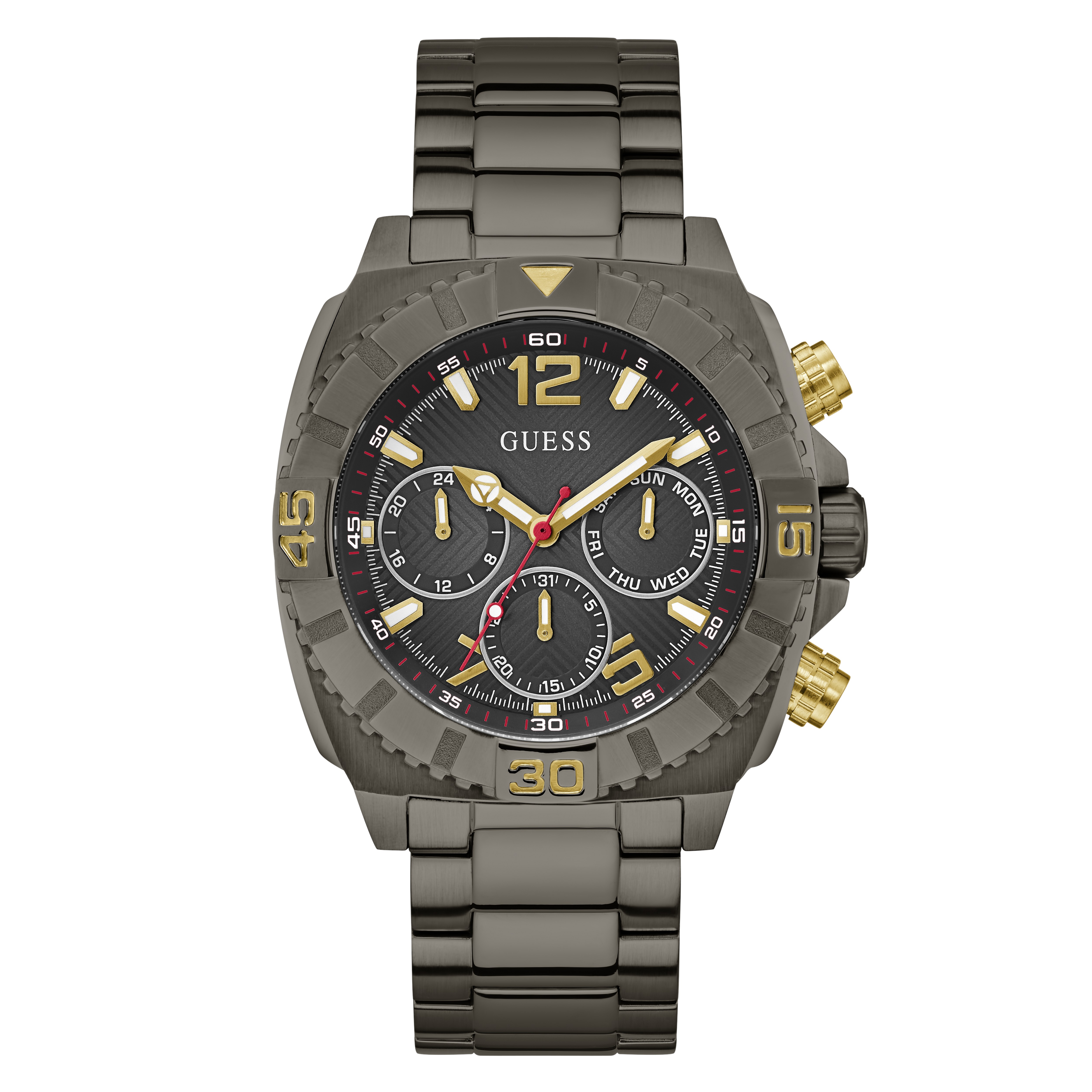 Dit stijlvolle Guess Monte Heren Horloge is gemaakt van roestvrij staal en heeft een klassieke uitstraling . Het horloge heeft een chronograaf en datumaanduiding, waterdichtheid tot 50 meter en een krasbestendige saffierglas. De beste manier om het te dragen is bij formele en casual gelegenheden voor een sophisticated look. Voeg dit horloge toe aan uw collectie voor een tijdloze stijl.