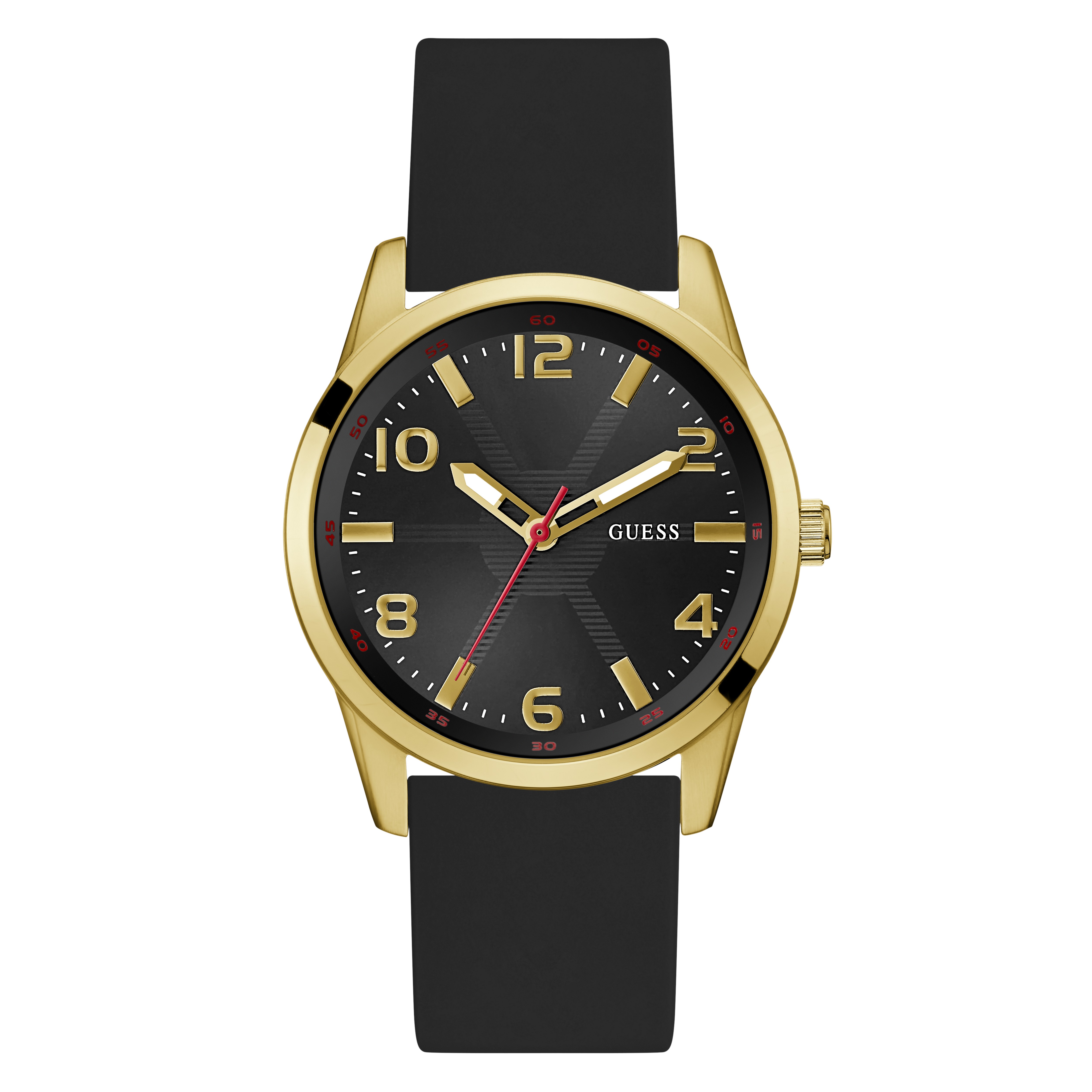 Goudkleurig horloge van Guess Watches met zwarte siliconen band.Het horloge heeft een stijlvolle uitstraling, perfect voor zowel formele als casual gelegenheden. De wijzerplaat is elegant vormgegeven met subtiele details die het geheel een luxe gevoel geven. Dankzij de comfortabele siliconen band zit het horloge prettig om de pols, zelfs na langdurig dragen.