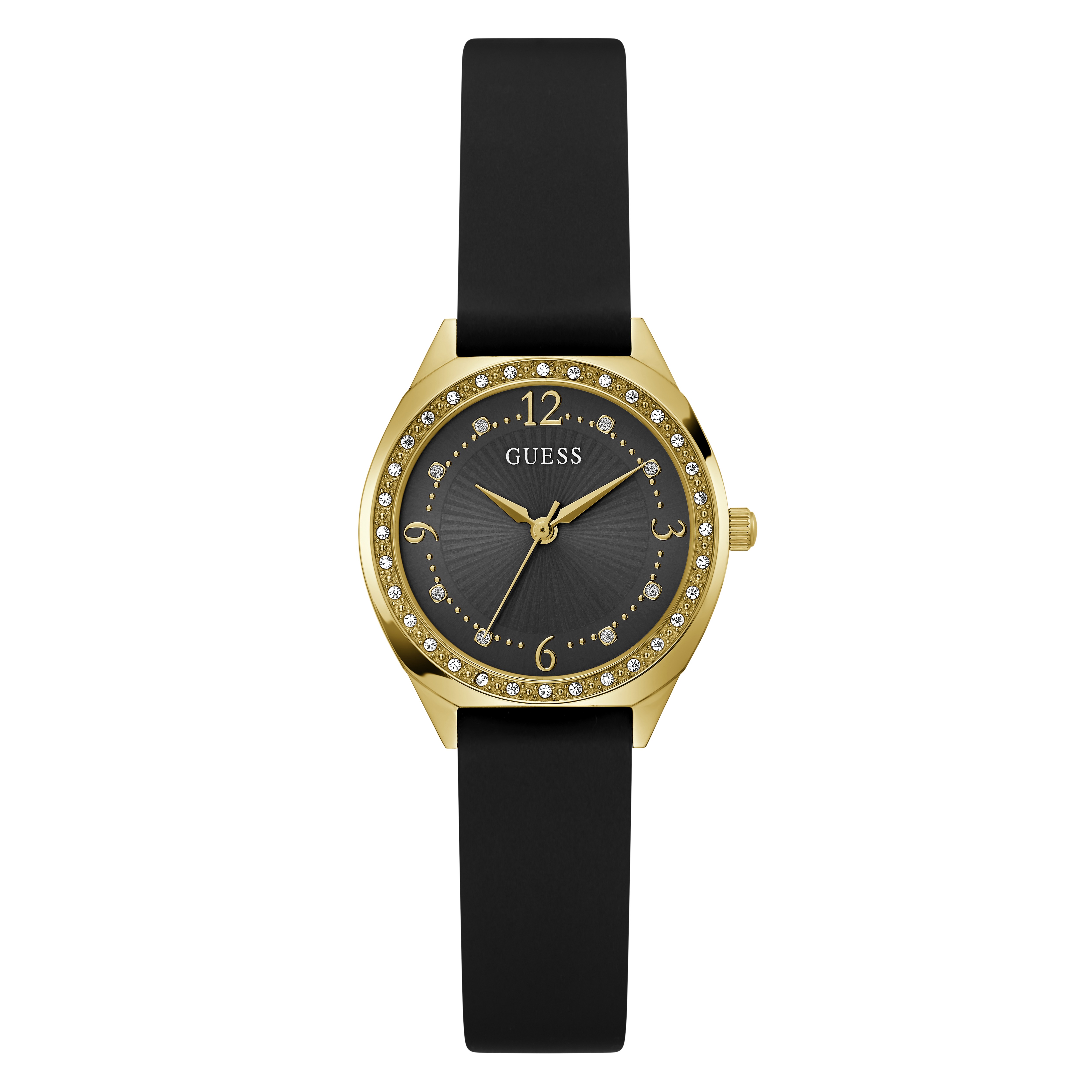 Zwart met goudkleurig dameshorloge van Guess Watches. Gezet met kristallen en een guilloche wijzerplaat. Dit elegante horloge combineert stijl en functionaliteit op een prachtige manier. Het contrast tussen het zwarte en het gouden detail geeft het een luxe uitstraling, terwijl de kristallen een vleugje glamour toevoegen. De guilloche wijzerplaat biedt niet alleen een visueel aantrekkelijke textuur, maar zorgt ook voor een verfijnde afwerking. De siliconen band zorgt voor een comfortabele pasvorm, perfect voor dagelijks gebruik of speciale gelegenheden. Dit horloge is een statement piece dat elke outfit compleet maakt en je tijdloze klasse uitstraalt.