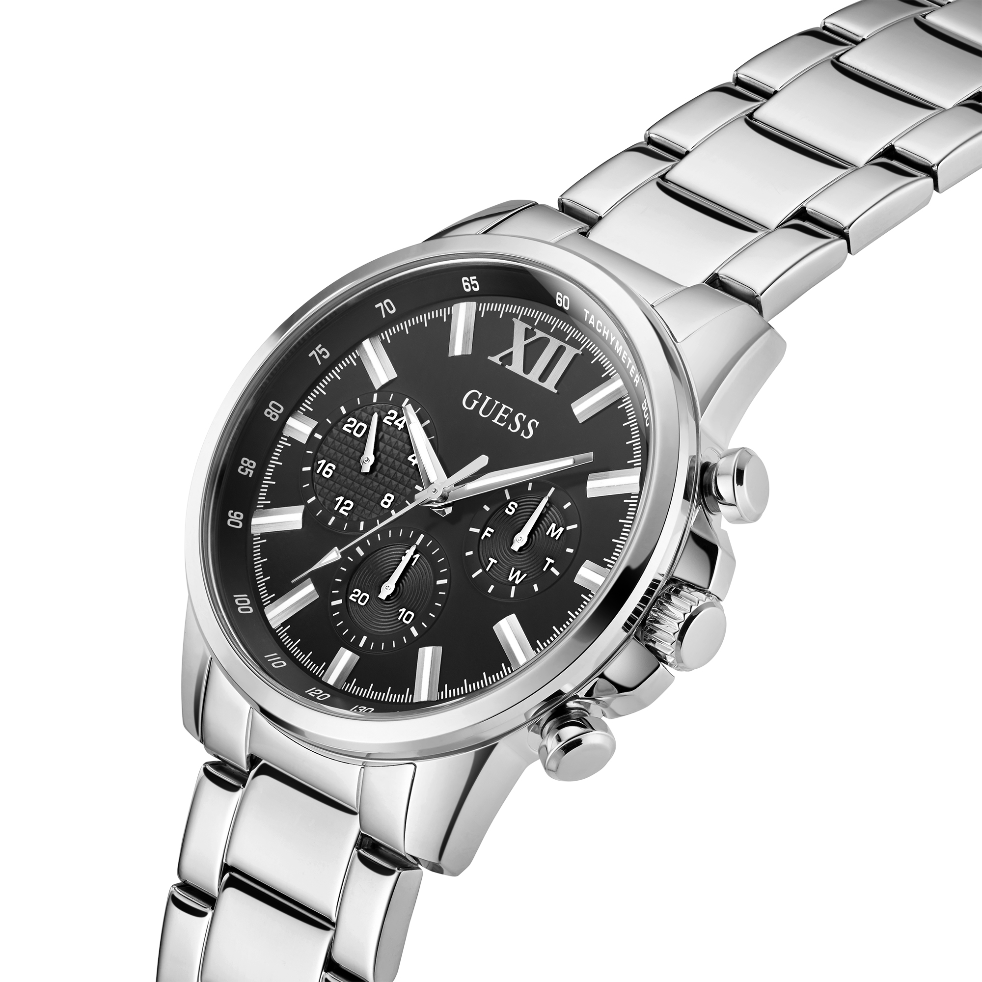 Een tijdloos design, dit zilverkleurige horloge van Guess Watches voor heren. Het horloge heeft een opvallende zwarte multi-function wijzerplaat wat niet alleen de tijd maar ook de dag, datum en 24-uurs aanduiding afleest. Dit accessoire is een prachtige aanvulling voor elke dag.