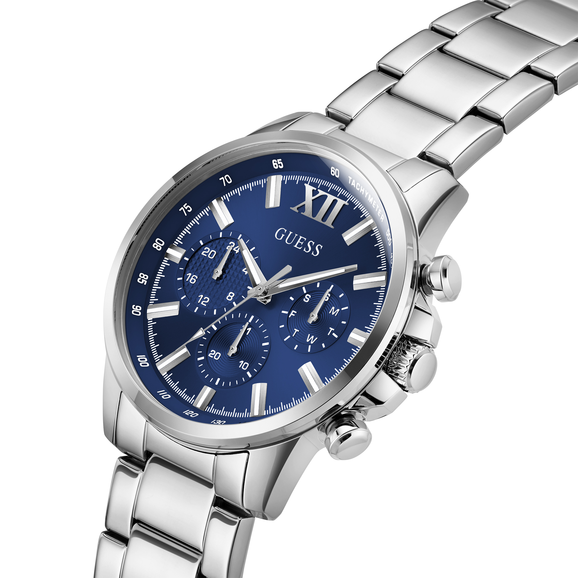 Een tijdloos design, dit zilverkleurige horloge van Guess Watches voor heren. Het horloge heeft een opvallende donkerblauwe multi-function wijzerplaat wat niet alleen de tijd maar ook de dag, datum en 24-uurs aanduiding afleest. Dit accessoire is een prachtige aanvulling voor elke dag.