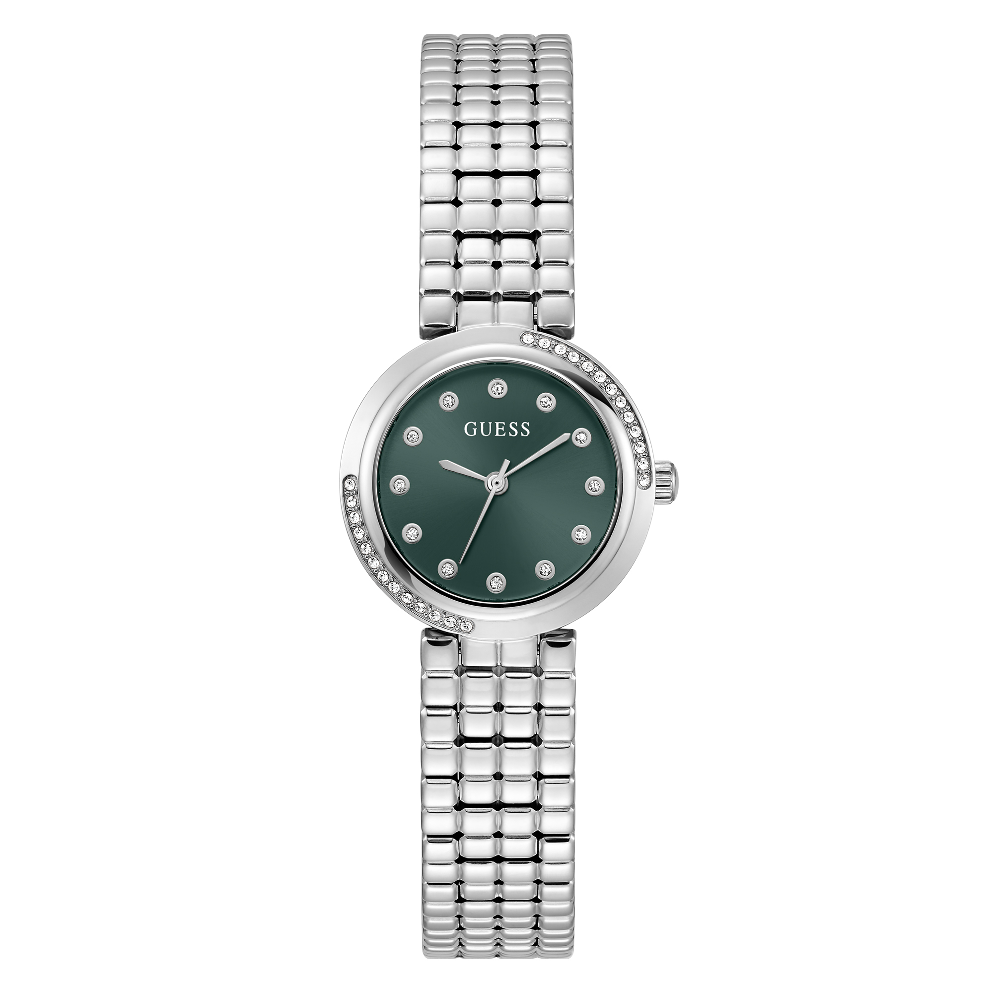 Een klassieker met een Guess twist, dit zilverkleurige horloge van uit de CLARA collectie. Met egale donkergroene wijzerplaat met kristallen. De bijzondere schakelband is geblokt en sluit middels een handige vouwsluiting. De kast heeft een diameter van 28 mm en is gezet met kristallen, wat het ontwerp helemaal afmaakt!