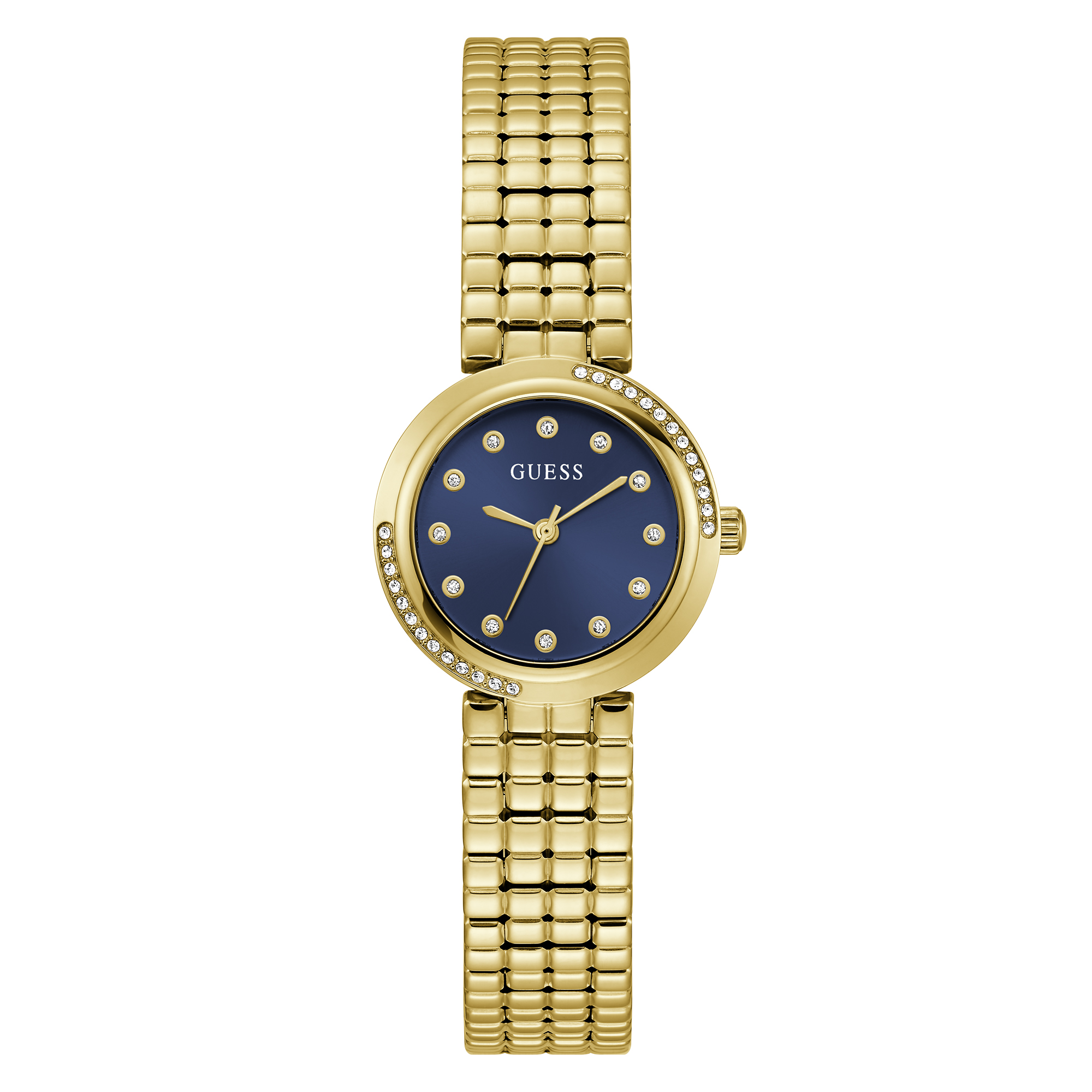 Een klassieker met een Guess twist, dit goudkleurige horloge van uit de CLARA collectie. Met egale zilverkleurige wijzerplaat en kristallen. De bijzondere schakelband is geblokt en sluit middels een handige vouwsluiting. De kast heeft een diameter van 28 mm en is gezet met kristallen, wat het ontwerp helemaal afmaakt!