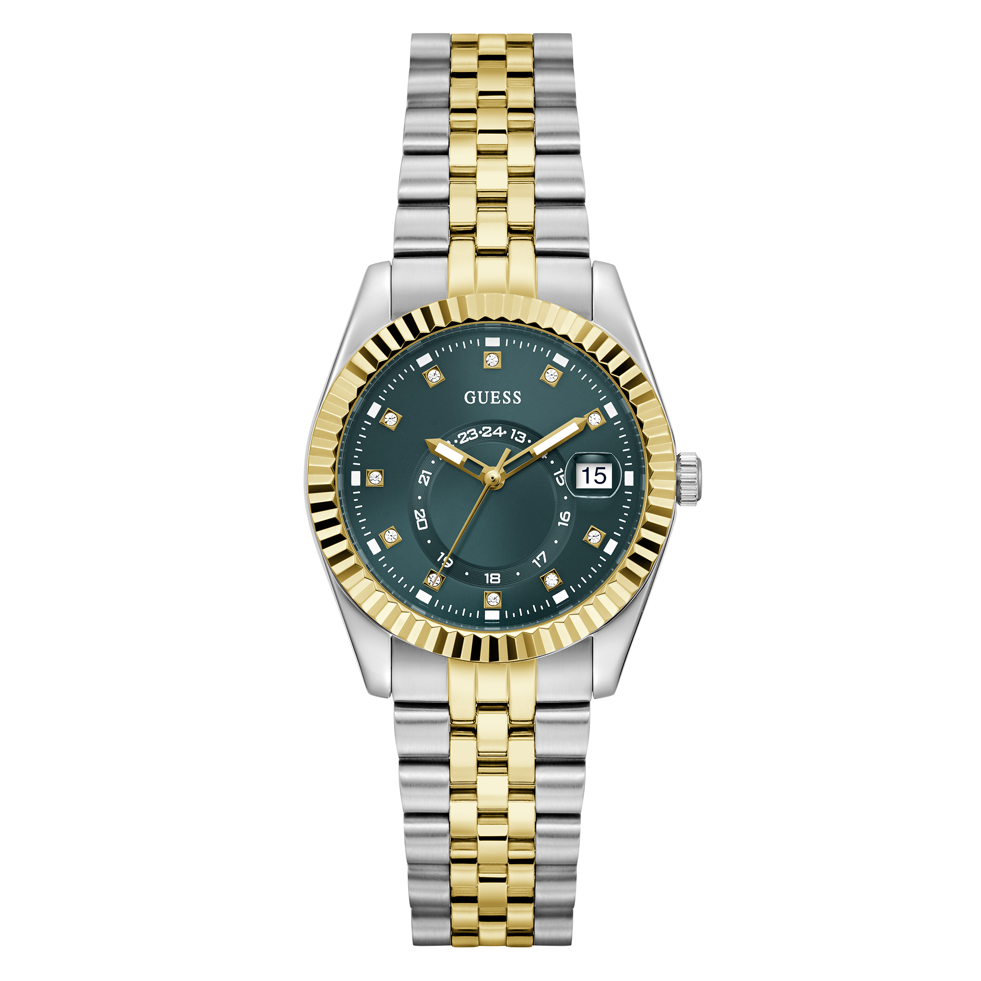 Een klassieker met een Guess twist dit bicolor dames horloge met geribde lunet. De wijzerplaat is donkergroen en leest naast de tijd ook de dag en 24 uurs aanduiding af. De gepolijste en geborstelde schakelband sluit middels een vouwsluiting en het horloge is 3 ATM waterdicht.