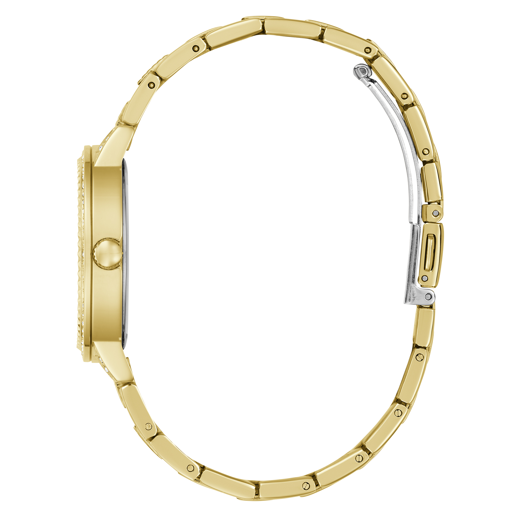 Een bijzonder design, dit goudkleurige horloge van Guess Watches. De schakelband heeft gladde en geribbelde schakels afgewisseld die matchen met de geribbelde lunet. De wijzerplaat met opvallend 4G Guess logo, heeft een zwart-goudkleurig geblokt patroon met glitters. Ook de lunet met een diameter van 34mm heeft een rij schitterende kristallen.