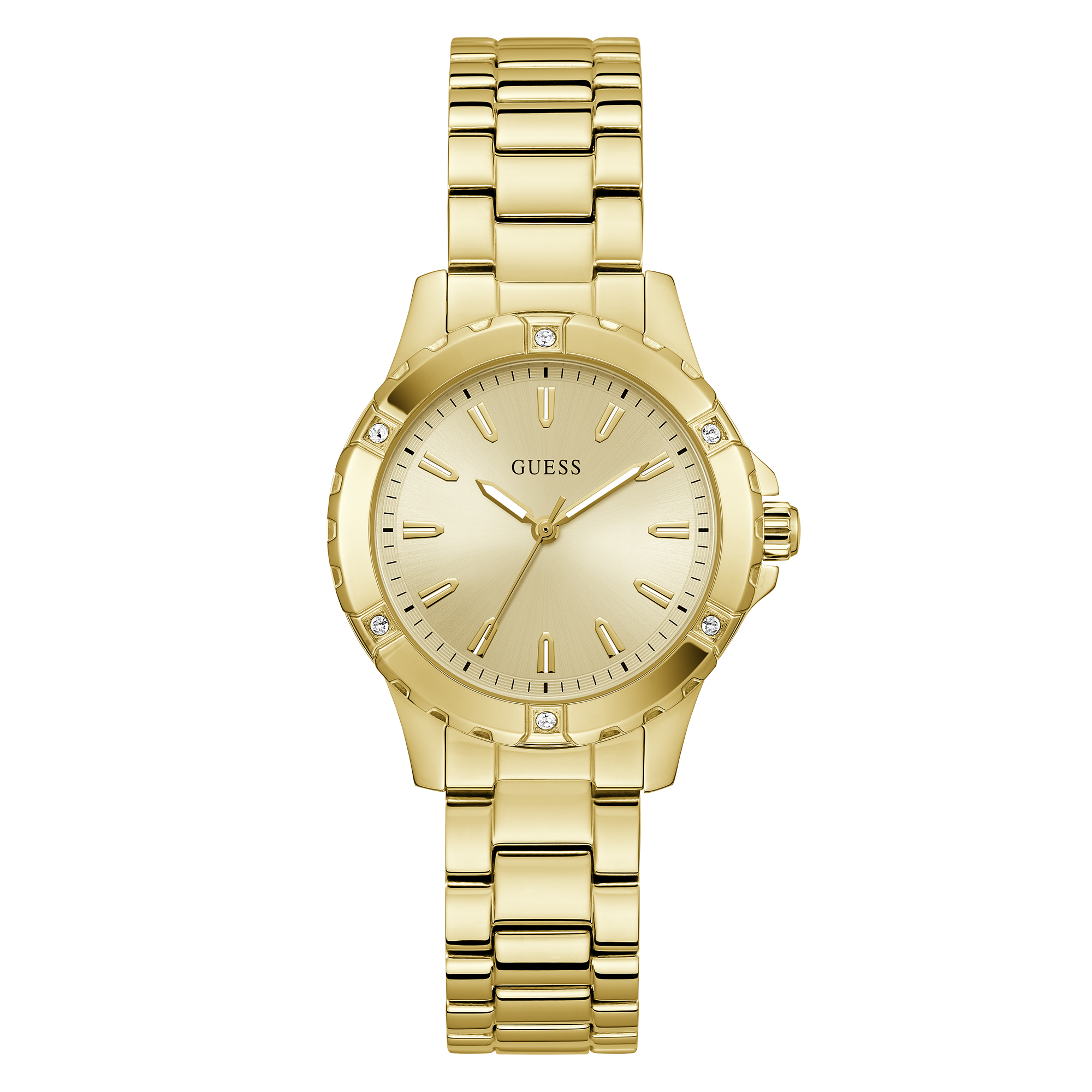 Een tijdloos design, dit goudkleurige horloge van Guess Watches. Het horloge heeft een opvallende champagne wijzerplaat met subtiele kristallen op de lunet en een diameter van 35 mm. Dit accessoire is een prachtige aanvulling voor elke dag.