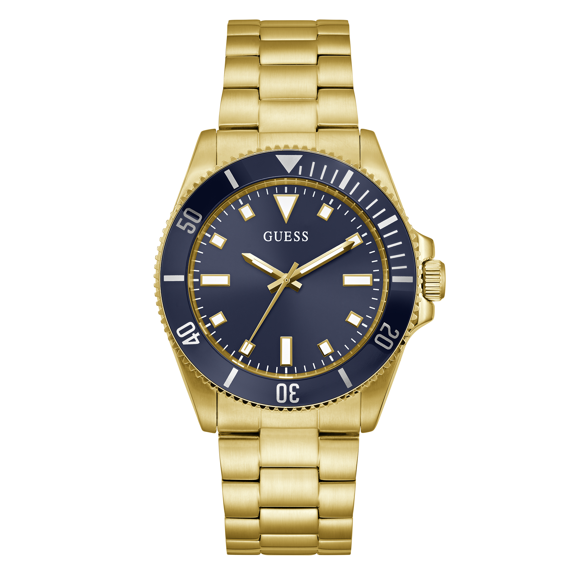 Een klassieker om elke dag te dragen dit goudkleurige heren horloge uit de CLIFF collectie van Guess Watches. De geborstelde goudkleurige schakelband sluit middels een vouwsluiting. De lunet is donkerblauw met matchende donkerblauwe wijzerplaat.