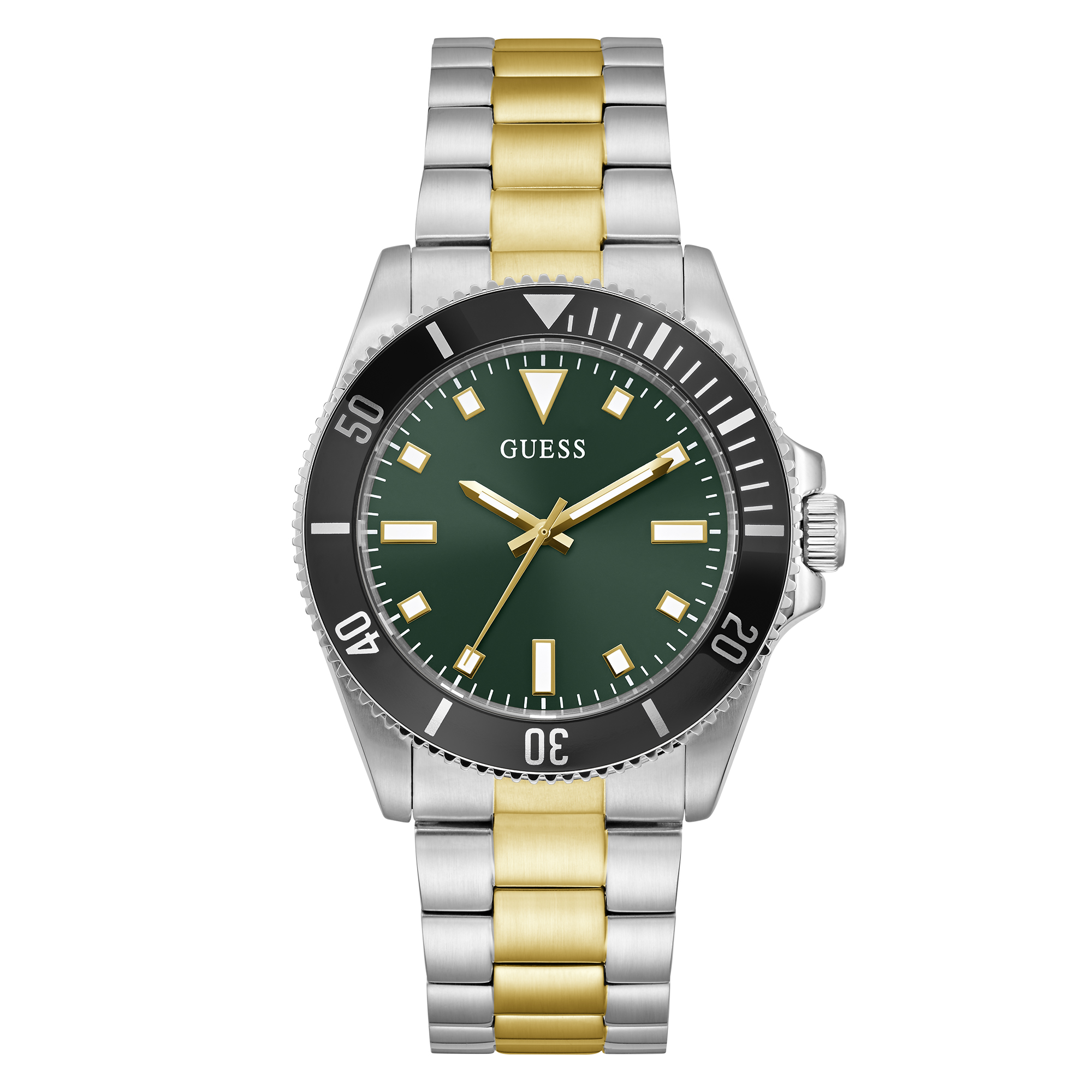 Een klassieker om elke dag te dragen dit bicolor heren horloge uit de CLIFF collectie van Guess Watches. De geborstelde goud- en zilverkleurige schakelband sluit middels een vouwsluiting. De lunet is zwart met elegante donkergroene wijzerplaat.