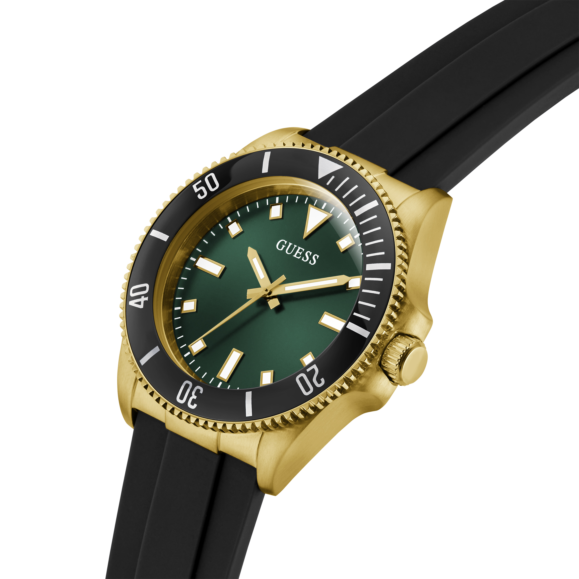 Een klassieker om elke dag te dragen dit heren horloge uit de CLIFF collectie van Guess Watches. Het design heeft een comfortabele zwarte siliconen band met matchende zwarte lunet. De kast is goudkleurig en de donkergroene wijzerplaat maken het horloge helemaal af.