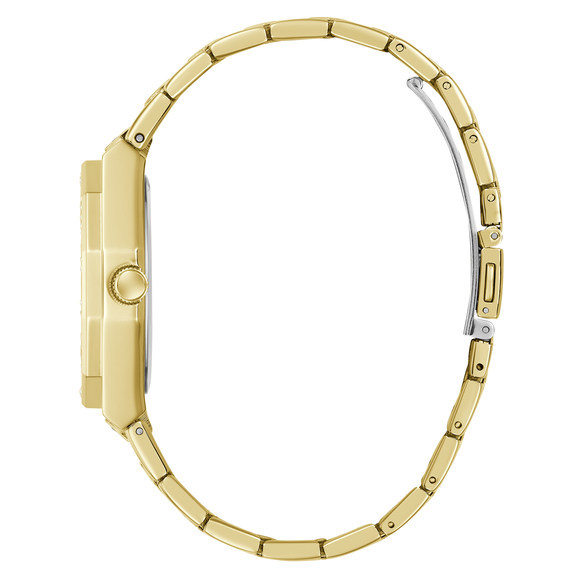 Een klassieker met een Guess twist dit goudkleurige dames horloge met krsitallen lunet. De wijzerplaat is champagne kleurig met kristallen en leest naast de tijd ook de dag en 24 uurs aanduiding af. De gepolijste schakelband sluit middels een vouwsluiting en het horloge is 5 ATM waterdicht.