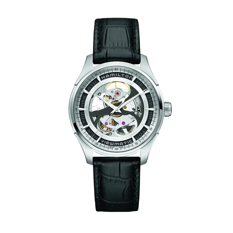 Een prachtig automatisch horloge van het merk Hamilton uit de Jazzmaster collectie. Met een open kast.