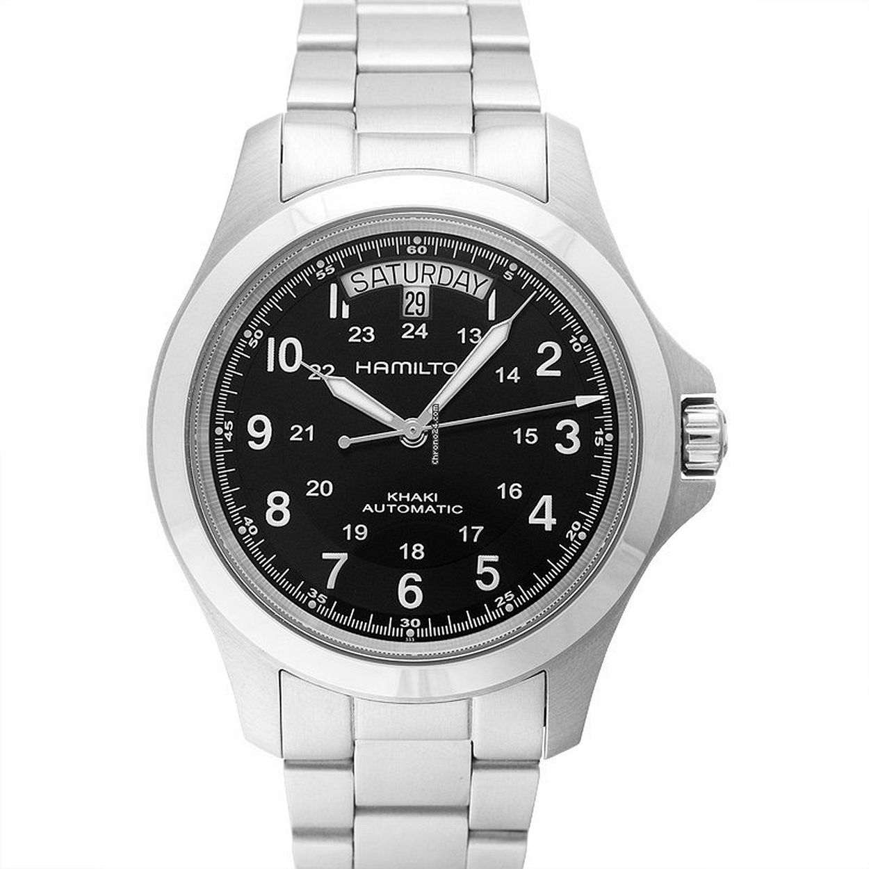 Dit unisexhorloge is van het merk Hamilton. Het is een horloge gemaakt van edelstaal. De diameter van de kast is40 mm en de kast is 11.15 mm dik.
De verdere specificaties van het horloge zijn als volgt:
Glassoort: saffier
Bandbreedte (mm): 0
Kastmateriaal: edelstaal
Waterdichtheid: 5 ATM
Techniek: automaat
Wijzerplaatkleur: Zwart
Band materiaal: Edelstaal
Band kleur: Zilver
Sluiting: Vouwsluiting