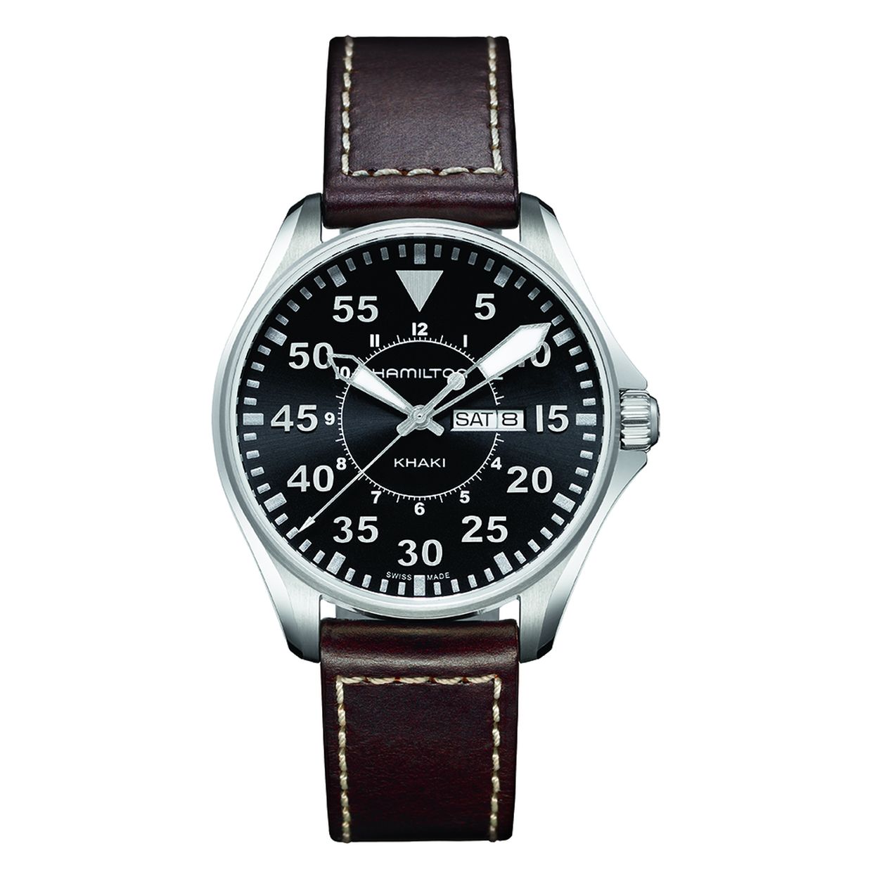 De Khaki Pilot geeft de drager met zijn klassieke luchtvaartontwerp het gevoel van een Amerikaanse piloot in vroegere tijden. Het horloge is voorzien van een grote, gemakkelijk af te lezen wijzerplaat, een chronograaf en Super-LumiNova� wijzers. De Khaki Pilot is in vorm en functie essentieel voor iedere piloot.