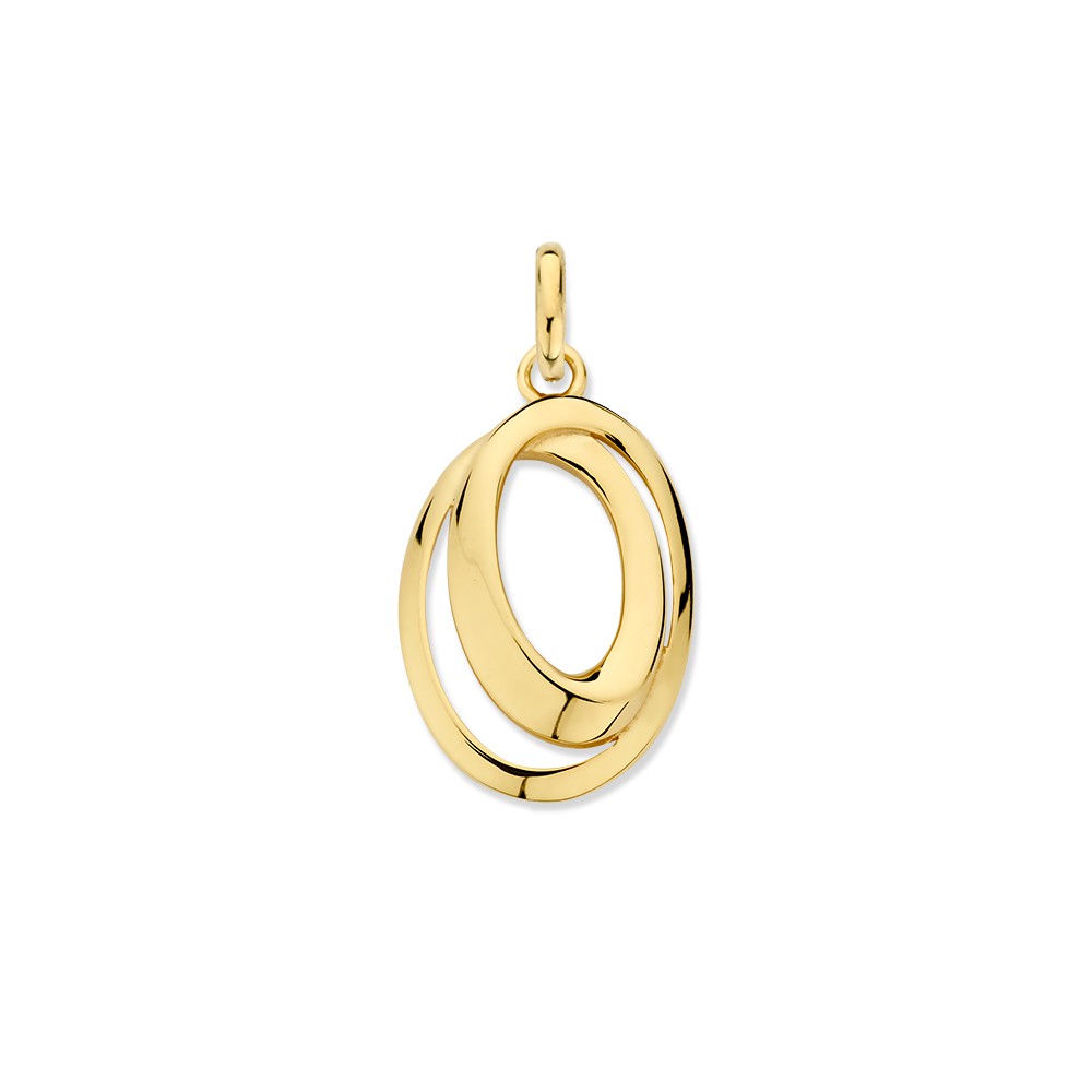 Geelgouden hanger met tweeovale, verbonden cirkels.
