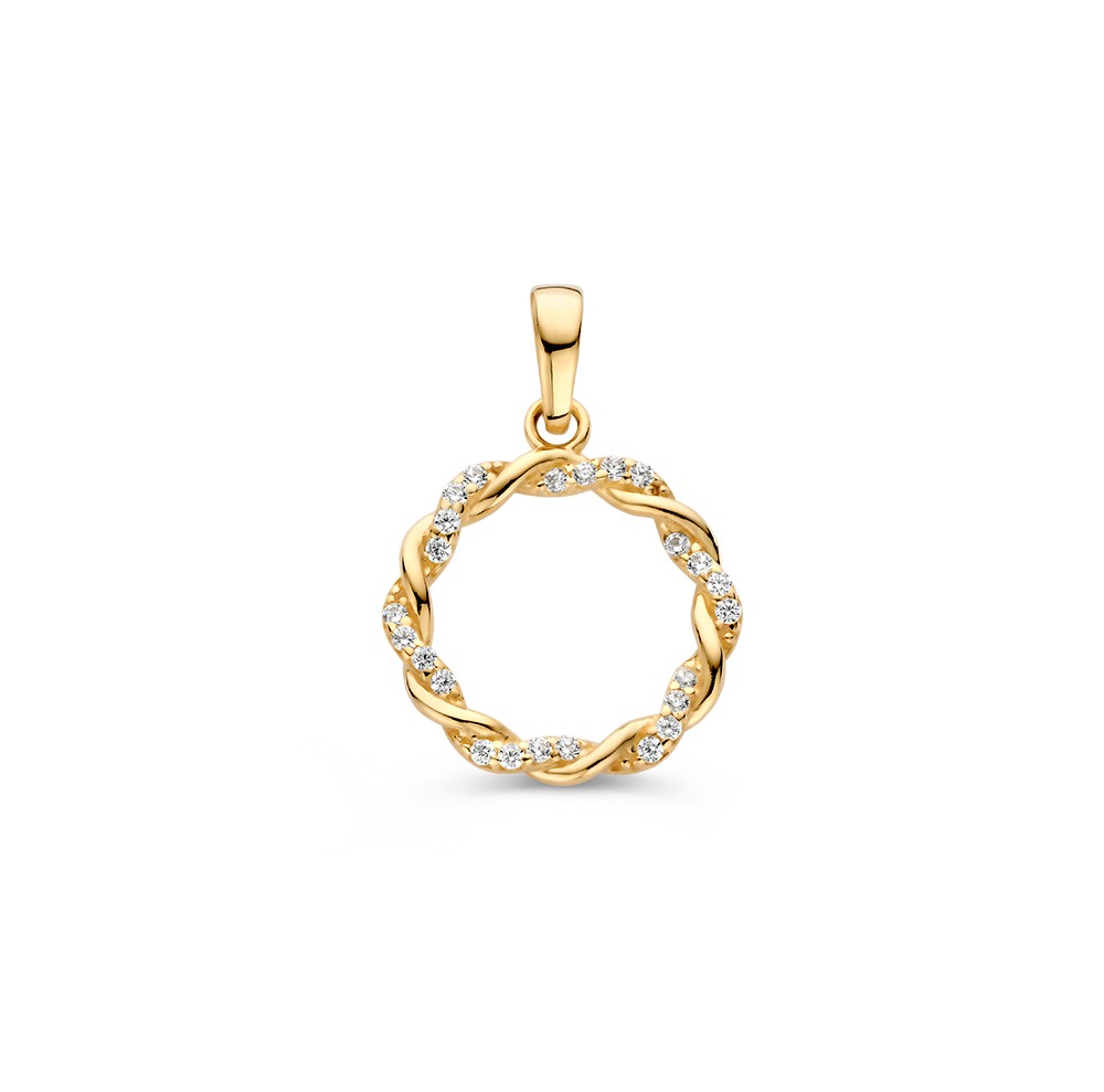 Geelgouden hanger met een gedraaide band in een cirkel. De hanger is gezet met fijne zirkonia's.
