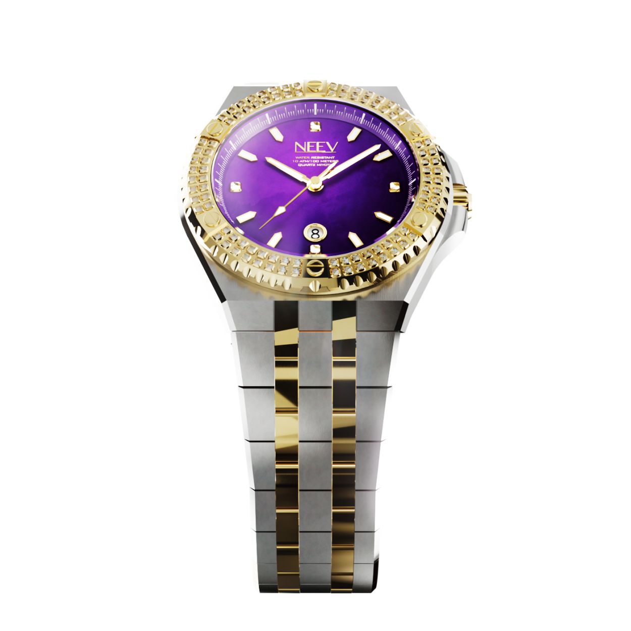 De Date34 is ons nieuwste model. Dit 34mm dameshorloge is er in 14 varianten. Dit nieuwe model is standaard uitgevoerd met 5 Swarovski stenen, hoogwaardig staal, saffierglas met AR coating en een parelmoer wijzerplaat.