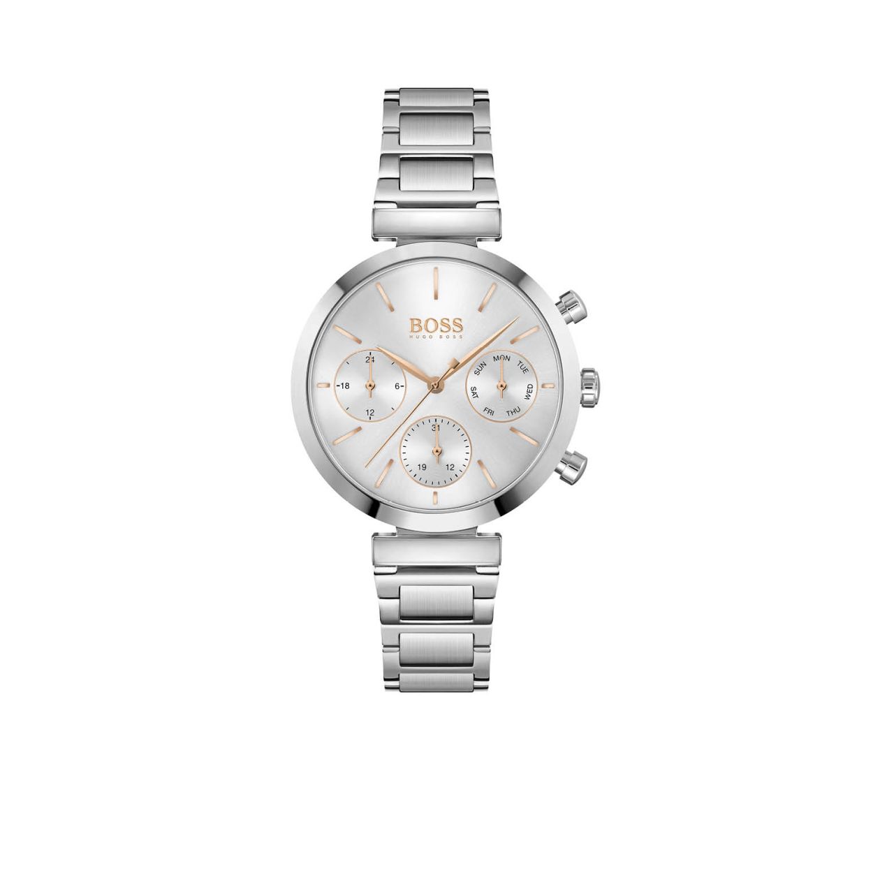 Dit dameshorloge uit de BOSS Flawless serie is een casual horloge. Het horloge heeft mineraalglas, een zilverkleurige wijzerplaat en een stalen horlogekast met een kastdiameter van 36 mm. De band van het horloge is van staal en kan op maat worden gemaakt door er schakels uit te halen.

HET MERK
De horloge collectie van BOSS is perfect afgestemd op levensstijlen waar het gaat om kwaliteit en precisie. De onderscheidende en elegante uurwerken stralen ambitie en succes uit, waarbij klassiek, modern en sportief met elkaar wordt verbonden. BOSS is op maat gemaakt in een onberispelijke stijl.

SPECIFICATIES
- Mineraalglas
- Ronde kastvorm, � 36 mm
- Stalen horlogekast
- Zilverkleurige wijzerplaat
- Zilverkleurige stalen horlogeband 
- 3 ATM