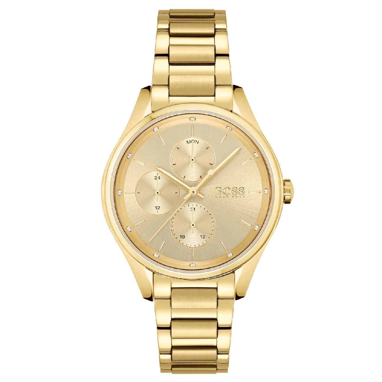 Sportieve elegantie kenmerkt dit horloge uit de Grand Course collectie van BOSS. Een multifunctioneel horloge met datum-, uur- en minuten aanduiding. Sportief, tijdloos en met de kenmerkende aandacht van BOSS voor details. Zoals de sunray-wijzerplaat en de 12 kristallen op de buitenste ring van de wijzerplaat.