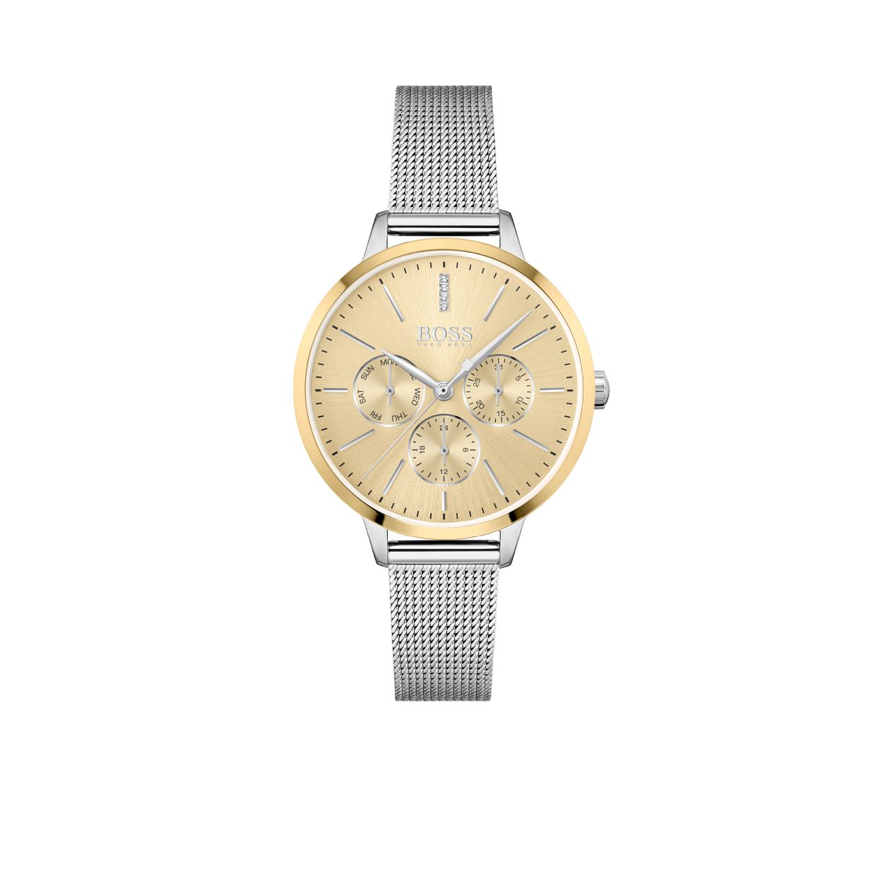 BOSS HB1502600 SYMPHONY MULTI
Dit BOSS dameshorloge uit de Symphony Multi serie met artikelnr. HB1502600 heeft een sporty/elegante uitstraling voor de echte BOSS klant. Het horloge heeft een ronde zilverkleurige stalen horlogekast met een goudkleurige gladde bezel, een goudkleurige wijzerplaat met daarop streepjes en vier kristallen als uursaanduiding en dag en datum. Het opvallende van dit horloge is de grotere ronde horlogekast waaraan de slanke zilverkleurige milanese horlogeband is bevestigd. Het BOSS Symphony dameshorloge heeft een doorsnee van 38mm, een mineraalglas en is 3 ATM.

HET MERK:
HUGO BOSS is afgestemd op levensstijlen waar het gaat om kwaliteit en precisie. Het wereldwijde fashionlabel is verdeeld in twee merken: BOSS en HUGO. Het merk BOSS biedt geavanceerde, moderne horloges gericht op kwaliteit en design om een onberispelijke look te cre�ren � of het nu zakelijk, casual of sportief is. De horloge collectie van BOSS is perfect afgestemd op levensstijlen waar het gaat om kwaliteit en precisie. BOSS is op maat gemaakt in een onberispelijke stijl.
Blijf stijlvol bij de tijd. Voor de BOSS-vrouw is stijl het handelsmerk en draait alles om
details. Breng uw look naar een hoger niveau met onze nieuwe en kenmerkende horlogecollectie.

SPECIFICATIES:
- Mineraalglas
- Ronde kastvorm, � 38mm
- Stalen horlogekast met goudkleurige bezel
- Goudkleurige wijzerplaat
- Zilverkleurige stalen milanese band
- Kristallen en dag/datum
- 3 ATM
