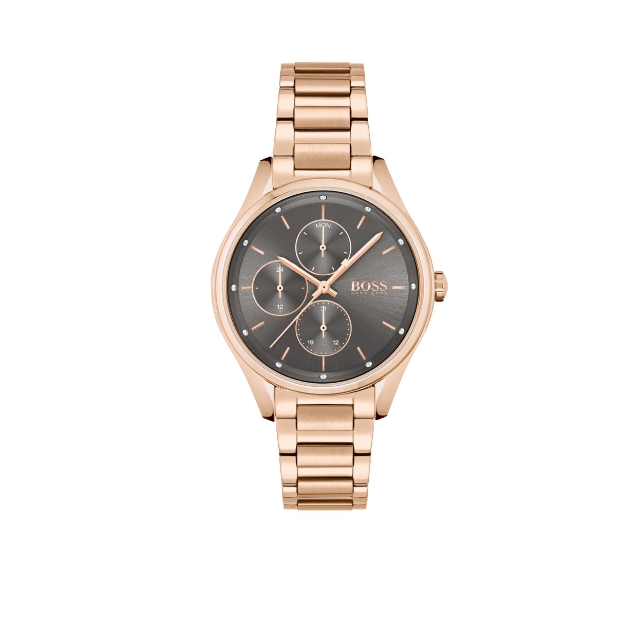 Dit Boss by Hugo Boss horloge, uit de Grand course collectie, heeft een roségoud vergulde stalen band en kast. De wijzerplaat is antraciet met roségoudkleurige indexen en wijzers. 