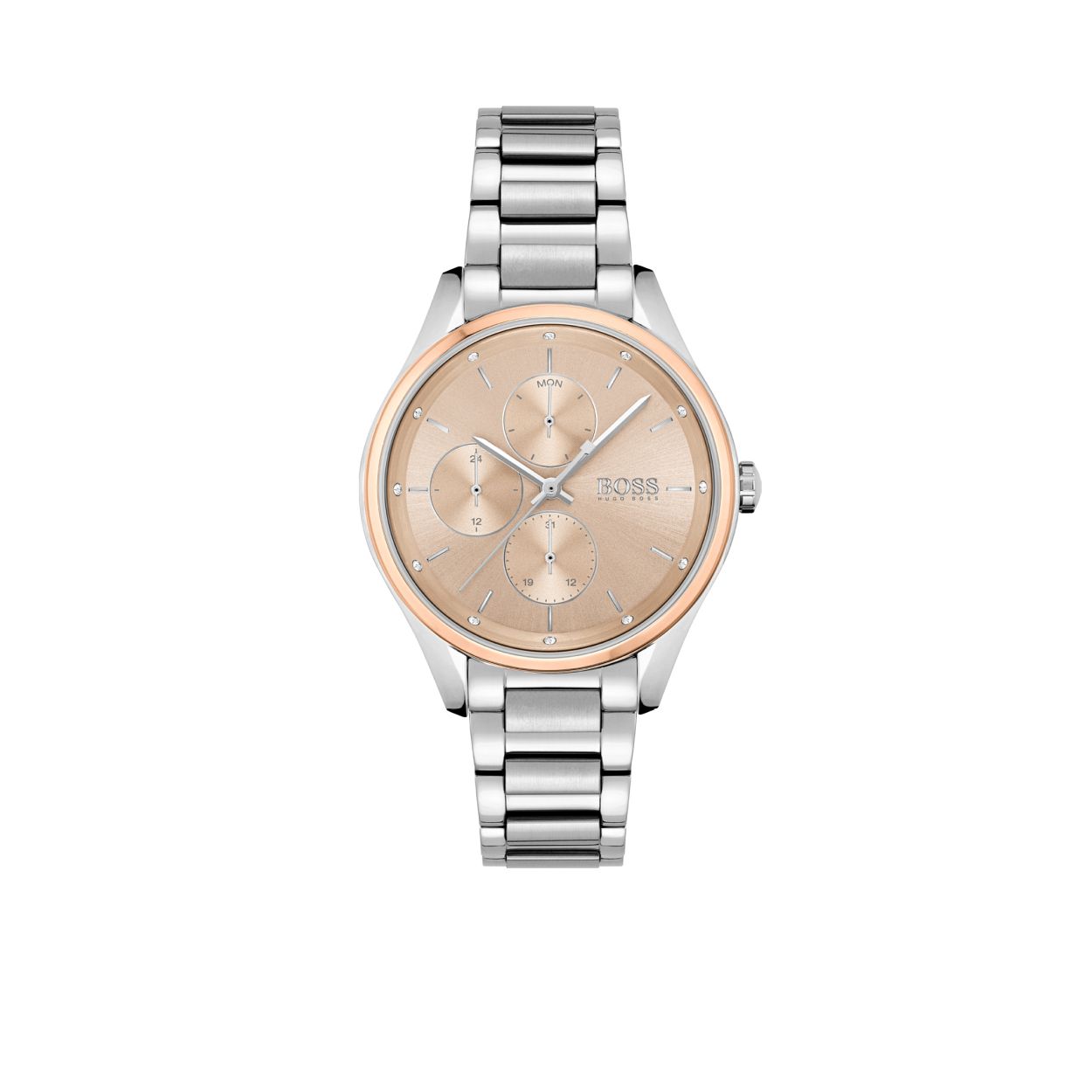 BOSS HB1502604 GRAND COURSE
Dit BOSS dameshorloge uit de Grand Course serie met artikelnr. HB1502604 is een lux en stijlvol horloge voor de BOSS dame. Het horloge heeft een zilverkleurige stalen horlogekast met een lichte ros�kleurige wijzerplaat met dag, datum en 24-uursaanduiding. Het stijlvolle dameshorloge heeft als opvallend kenmerk de kristallen steentjes die samen met de verfijnde zilverkleurige lijntjes op de wijzerplaat de uren weergeeft. De horlogeband is een fijne zilverkleurige schakelband met vouwsluiting. Het BOSS Grand Course dameshorloge heeft een doorsnee van 36mm, een mineraalglas en is 3 ATM.

HET MERK:
HUGO BOSS is afgestemd op levensstijlen waar het gaat om kwaliteit en precisie. Het wereldwijde fashionlabel is verdeeld in twee merken: BOSS en HUGO. Het merk BOSS biedt geavanceerde, moderne horloges gericht op kwaliteit en design om een onberispelijke look te cre�ren � of het nu zakelijk, casual of sportief is. De horloge collectie van BOSS is perfect afgestemd op levensstijlen waar het gaat om kwaliteit en precisie. BOSS is op maat gemaakt in een onberispelijke stijl.
Blijf stijlvol bij de tijd. Voor de BOSS-vrouw is stijl het handelsmerk en draait alles om
details. Breng uw look naar een hoger niveau met onze nieuwe en kenmerkende horlogecollectie.

SPECIFICATIES:
- Mineraalglas
- Ronde kastvorm, � 36mm
- Stalen horlogekast
- Ros�kleurige wijzerplaat
- Zilverkleurige stalen horlogeband
- Crystal uursaanduiding 
- 3 ATM
