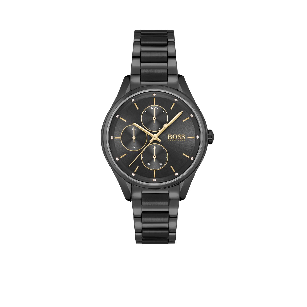 BOSS dameshorloge uit de Grand Course serie is een lux en stijlvol horloge voor de BOSS dame. Het horloge heeft een zwarte stalen horlogekast met een zwarte wijzerplaat met dag, datum en 24-uursaanduiding.