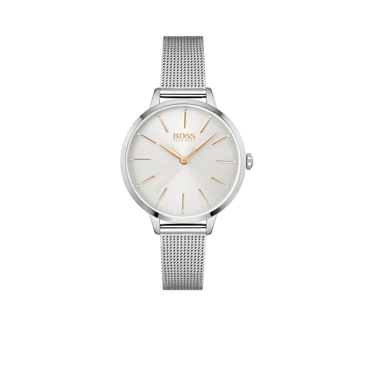 BOSS HB1502611 SYMPHONY
Dit BOSS dameshorloge uit de Symphony serie met artikelnr. HB1502611 heeft een chique en elegante uitstraling voor de echte BOSS klant. Het horloge heeft een ronde zilverkleurige stalen horlogekast met zilverkleurige wijzerplaat met daarop streepjes en kristal stenen als uursaanduiding. Het opvallende van dit horloge is de grotere ronde horlogekast waaraan de slanke zilverkleurige milanese horlogeband is bevestigd. Het BOSS Symphony dameshorloge heeft een doorsnee van 38mm, een mineraalglas en is 3 ATM.

HET MERK:
HUGO BOSS is afgestemd op levensstijlen waar het gaat om kwaliteit en precisie. Het wereldwijde fashionlabel is verdeeld in twee merken: BOSS en HUGO. Het merk BOSS biedt geavanceerde, moderne horloges gericht op kwaliteit en design om een onberispelijke look te cre�ren � of het nu zakelijk, casual of sportief is. De horloge collectie van BOSS is perfect afgestemd op levensstijlen waar het gaat om kwaliteit en precisie. BOSS is op maat gemaakt in een onberispelijke stijl.
Blijf stijlvol bij de tijd. Voor de BOSS-vrouw is stijl het handelsmerk en draait alles om
details. Breng uw look naar een hoger niveau met onze nieuwe en kenmerkende horlogecollectie.

SPECIFICATIES:
- Mineraalglas
- Ronde kastvorm, � 38mm
- Stalen horlogekast
- Zilverkleurige wijzerplaat
- Zilverkleurige stalen milanese band
- Kristallen en goudkleurige wijzers
- 3 ATM
