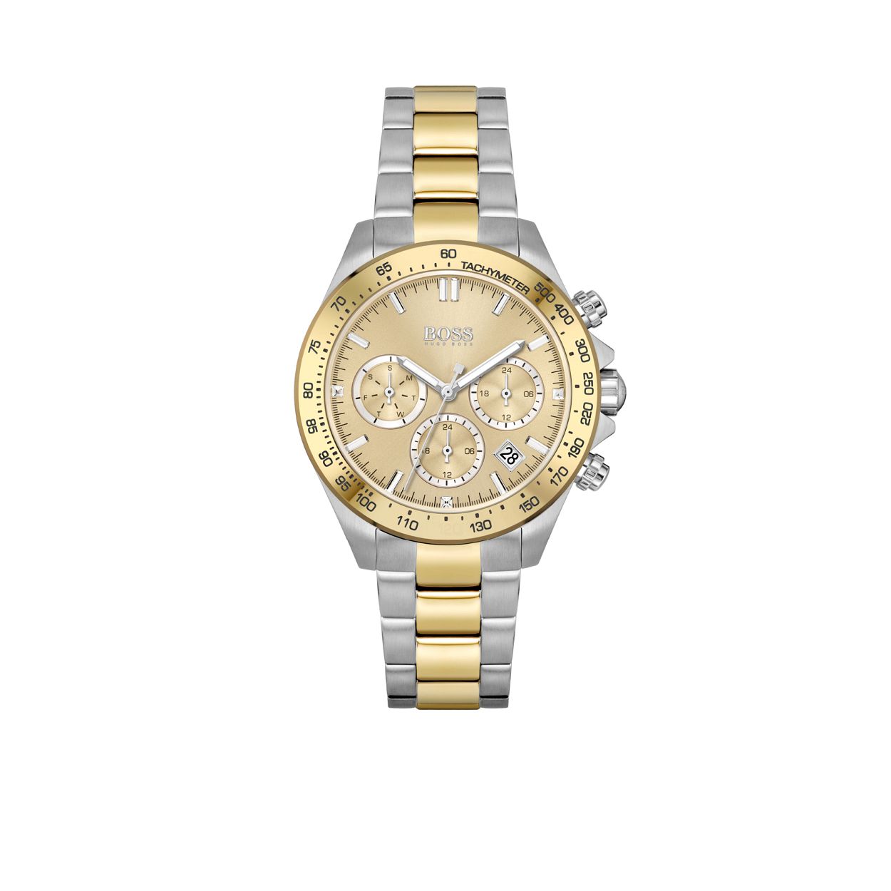 Dameshorloge uit de Novia serie is een luxe en sportief/stijlvol horloge voor de moderne vrouw van nu. Het horloge heeft een zilverkleurige stalen horlogekast met een goudkleurige bezel met tachymeter en een goudkleurige wijzerplaat met een dag, datum en 24-uursaanduiding. 