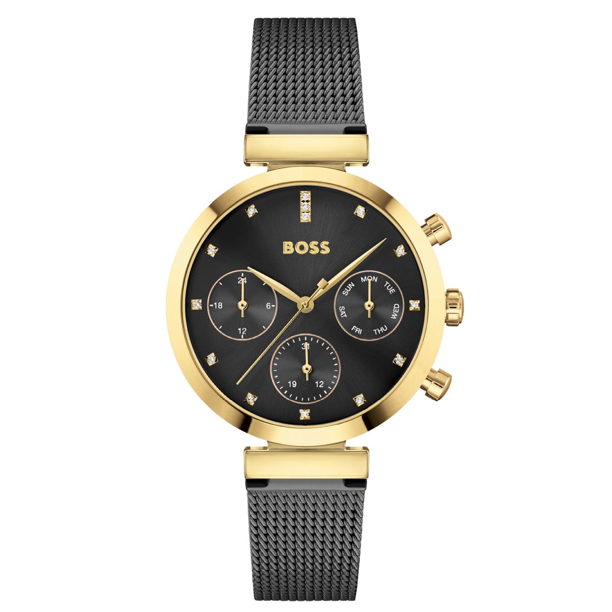 BOSS HB1502627 FLAWLESS
Dit BOSS dameshorloge uit de Flawless serie met artikelnr. HB1502627 is een stijlvol horloge voor de zakelijke en moderne vrouw van nu. Het horloge heeft een goudkleurige stalen horlogekast met een zwarte wijzerplaat met daarop dag datum en 24-uursaanduiding. De tijdsaanduiding wordt met aangegeven door kristallen. Het dameshorloge heeft een speciale aanzet aan de kast waaraan de zwarte milanese band op een sierlijke manier de aandacht trekt. Het BOSS Flawless dameshorloge heeft een doorsnee van 36mm een mineraalglas en is 3 ATM.



SPECIFICATIES
- Mineraalglas
- Ronde kastvorm  36mm
- Stalen goudkleurige horlogekast
- Zwarte wijzerplaat
- Zwarte stalen milanese band
- Dag datum en 24-uursaanduiding
- Kristallen
- 3 ATM
