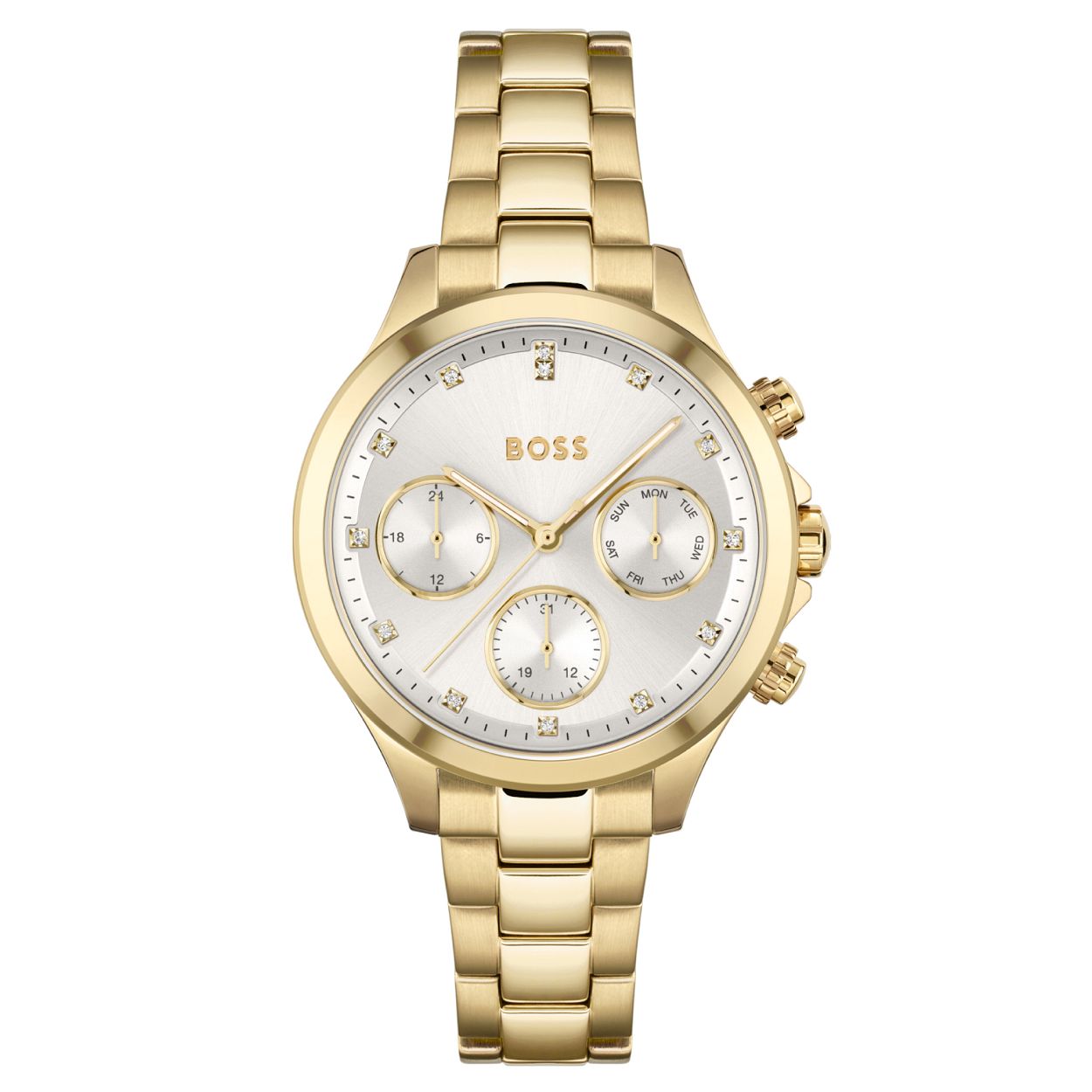 BOSS HB1502628 HERA
Dit BOSS dameshorloge uit de Hera serie met artikelnr. HB1502628 is een stijlvol horloge voor de moderne vrouw van nu. Het horloge heeft een goudkleurige stalen horlogekast met een zilverwitte wijzerplaat met daarop dag, datum en 24-uursaanduiding. De tijdsaanduiding wordt met aangegeven door kristallen. Aan het horloge zit een goudkleurige mat/glimmende schakelband met vouwsluiting.  Het BOSS Hera dameshorloge heeft een doorsnee van 38mm, een mineraalglas en is 3 ATM.

HET MERK:
HUGO BOSS is afgestemd op levensstijlen waar het gaat om kwaliteit en precisie. Het wereldwijde fashionlabel is verdeeld in twee merken: BOSS en HUGO. Het merk BOSS biedt geavanceerde, moderne horloges gericht op kwaliteit en design om een onberispelijke look te creëren – of het nu zakelijk, casual of sportief is. De horloge collectie van BOSS is perfect afgestemd op levensstijlen waar het gaat om kwaliteit en precisie. BOSS is op maat gemaakt in een onberispelijke stijl.
Blijf stijlvol bij de tijd. Voor de BOSS-vrouw is stijl het handelsmerk en draait alles om
details. Breng uw look naar een hoger niveau met onze nieuwe en kenmerkende horlogecollectie.

SPECIFICATIES:
- Mineraalglas
- Ronde kastvorm, Ø 38mm
- Stalen goudkleurige horlogekast
- Zwarte wijzerplaat
- Zwarte stalen milanese band
- Dag, datum en 24-uursaanduiding
- Kristallen
- 3 ATM