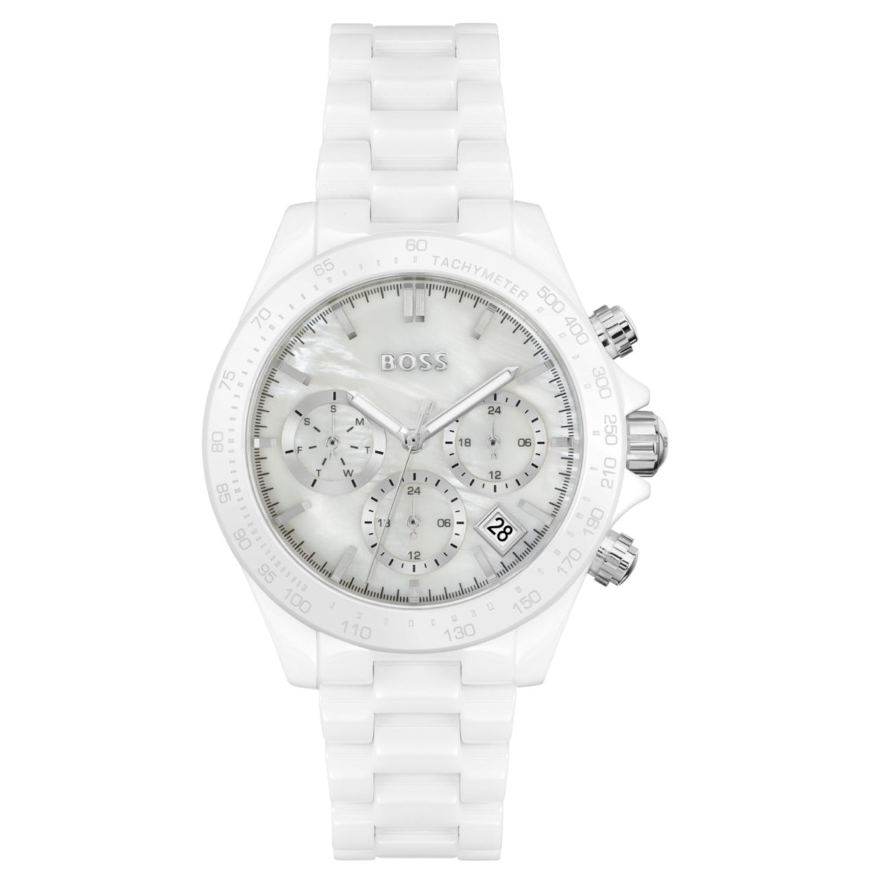 BOSS HB1502630 NOVIA CERAMIC
Dit BOSS dameshorloge uit de Novia ceramic serie met artikelnr. HB1502630 is een stijlvol horloge voor de vrouw die zich graag onderscheidt. Het horloge heeft een witte kast van keramiek met een witte bezel met daarop een tachymeter. Op de zilverwitte wijzerplaat zijn de dag datum en 24-uursaanduiding duidelijk zichtbaar. De wijzers zijn ingelegd met lumibrite waardoor deze goed zichtbaar zijn. Aan het horloge zit een witte keramiek schakelband met klepsluiting. Het BOSS Novia dameshorloge heeft een doorsnee van 38mm een mineraalglas en is 5 ATM.

HET MERK
 BOSS is afgestemd op levensstijlen waar het gaat om kwaliteit en precisie. Het wereldwijde fashionlabel is verdeeld in twee merken BOSS en HUGO. Het merk BOSS biedt geavanceerde moderne horloges gericht op kwaliteit en design om een onberispelijke look te creëren  of het nu zakelijk casual of sportief is. De horloge collectie van BOSS is perfect afgestemd op levensstijlen waar het gaat om kwaliteit en precisie. BOSS is op maat gemaakt in een onberispelijke stijl.
Blijf stijlvol bij de tijd. Voor de BOSS-vrouw is stijl het handelsmerk en draait alles om
details. Breng uw look naar een hoger niveau met onze nieuwe en kenmerkende horlogecollectie.

SPECIFICATIES
- Mineraalglas
- Ronde kastvorm  38mm
- Witte keramiek horlogekast
- Zilverwitte wijzerplaat
- Witte keramiek schakelband
- Dag datum en 24-uursaanduiding
- 5 ATM

