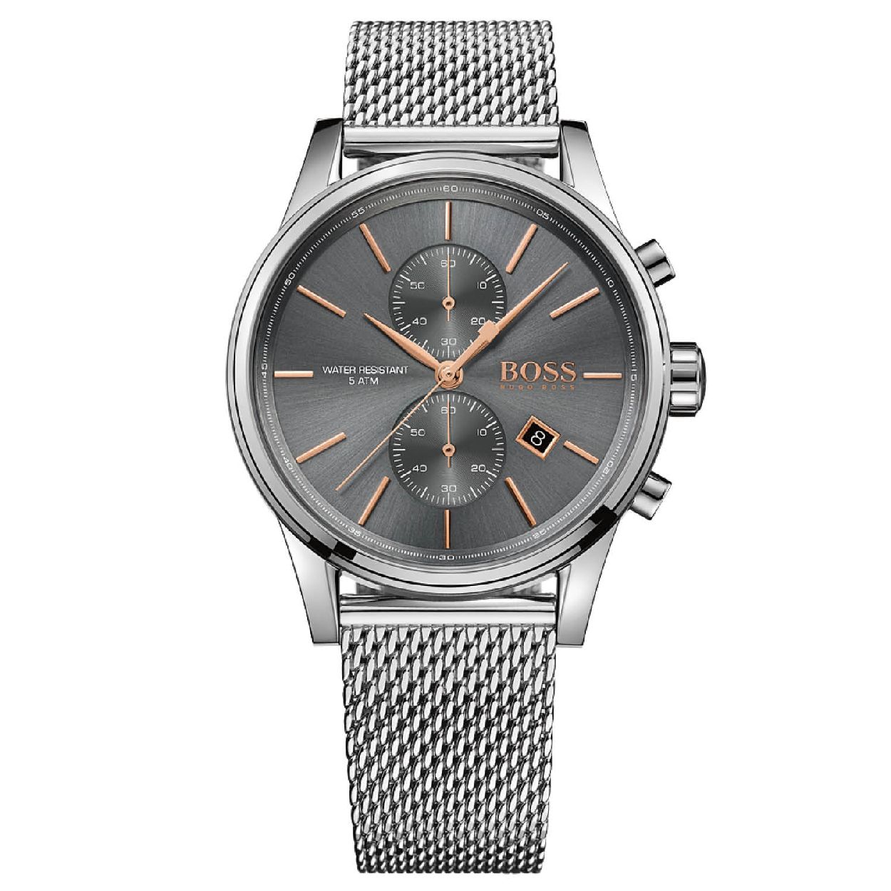 BOSS Jet HB1513440  
Deze chronograaf is voozien van IP rose wijzers en een grijze wijzerplaat met een rose goud kleurige index. De chronograaf heeft 3 verschillende dials welke de seconden en minuten weergeven naast een 24 uur dial. De stopwatch is te starten stoppen en tussentijd weergave met de pushbuttons boven en onder de kroon. Het horloge heeft een stalen meshband.

HET MERK
HUGO BOSS horloges zijn afgestemd op levensstijlen waar het gaat om kwaliteit en precisie. Het wereldwijde fashionlabel is verdeeld in twee merken: BOSS en HUGO. Het merk BOSS biedt geavanceerde, moderne horloges gericht op kwaliteit en design om een onberispelijke look te creeren � of het nu zakelijk, casual of sportief is. De horloge collectie van BOSS is perfect afgestemd op levensstijlen waar het gaat om kwaliteit en precisie. BOSS is op maat gemaakt in een onberispelijke stijl.

SPECIFICATIES
- Mineraalglas
- Ronde kastvorm, 41 mm
- Stalen horlogekast
- Grijze wijzerplaat
- Zilverkleurige mesh horlogeband 
- 5 ATM
