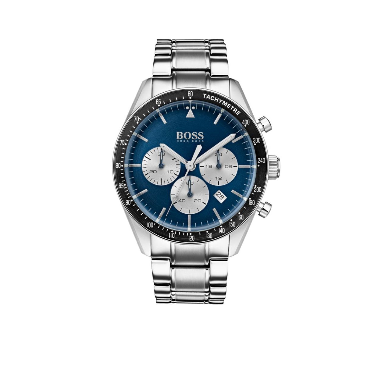 Dit Boss by Hugo Boss heren horloge heeft een stalen horlogekast en schakelband. De wijzerplaat is blauw met 3 zilverkleurige cirkels, hierin kunt u de 24-uurs aanduiding en stopwatch aflezen.
