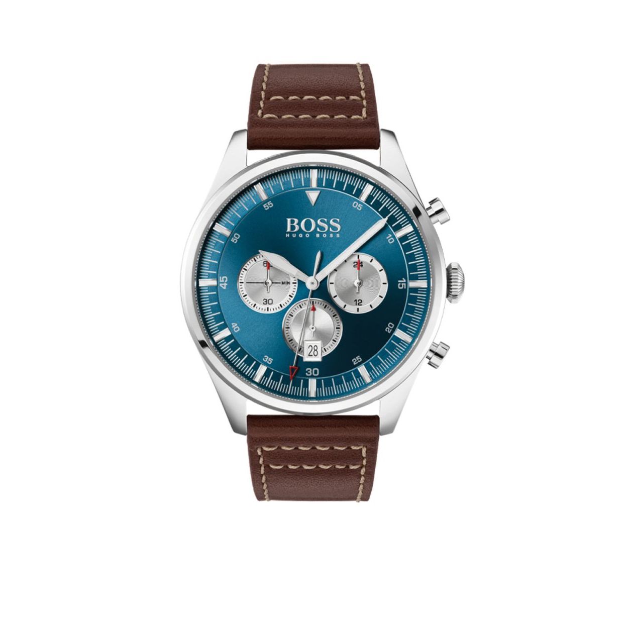 Hugo Boss herenuurwerk uit de 'Pioneer' collectie - Bruine lederen band, stalen kast - Blauwe wijzerplaat 'multifunctie' met datumaanduiding - Chronograaf - Waterdichtheid: 5 ATM