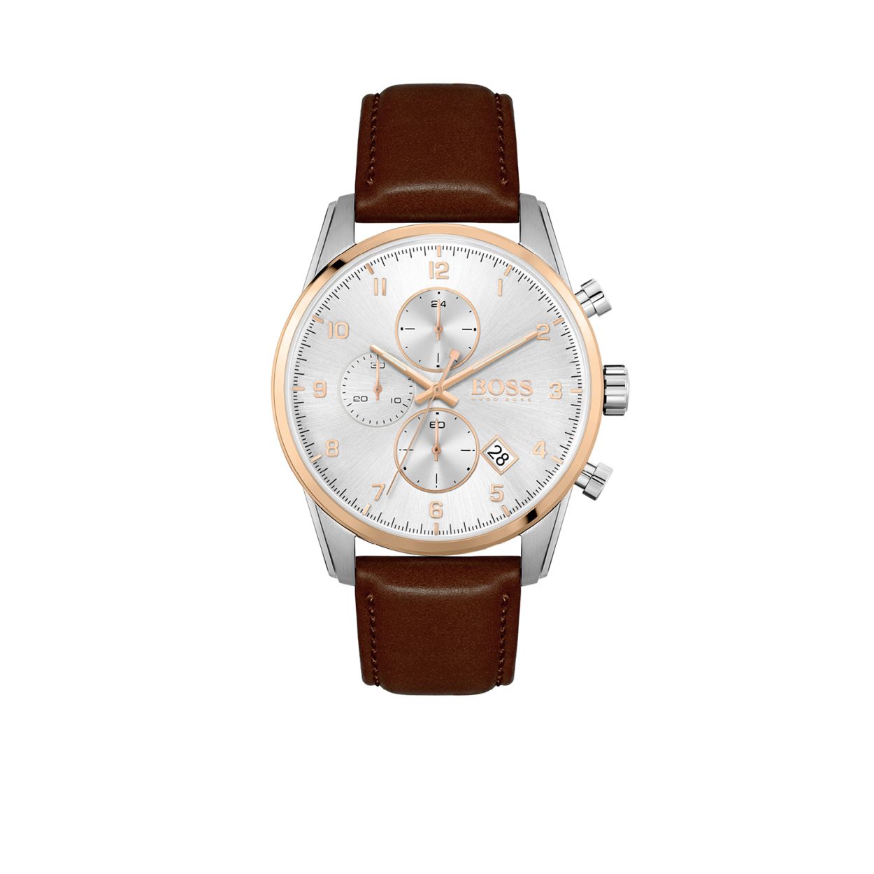 Dit Boss by Hugo Boss horloge, uit de Skymaster collectie, heeft een bicolor stalen kast en een bruine leren band. De wijzerplaat is zilverkleurig met roségoudkleurige indexen en wijzers. Het horloge is 5atm waterdicht en heeft een stopwatch