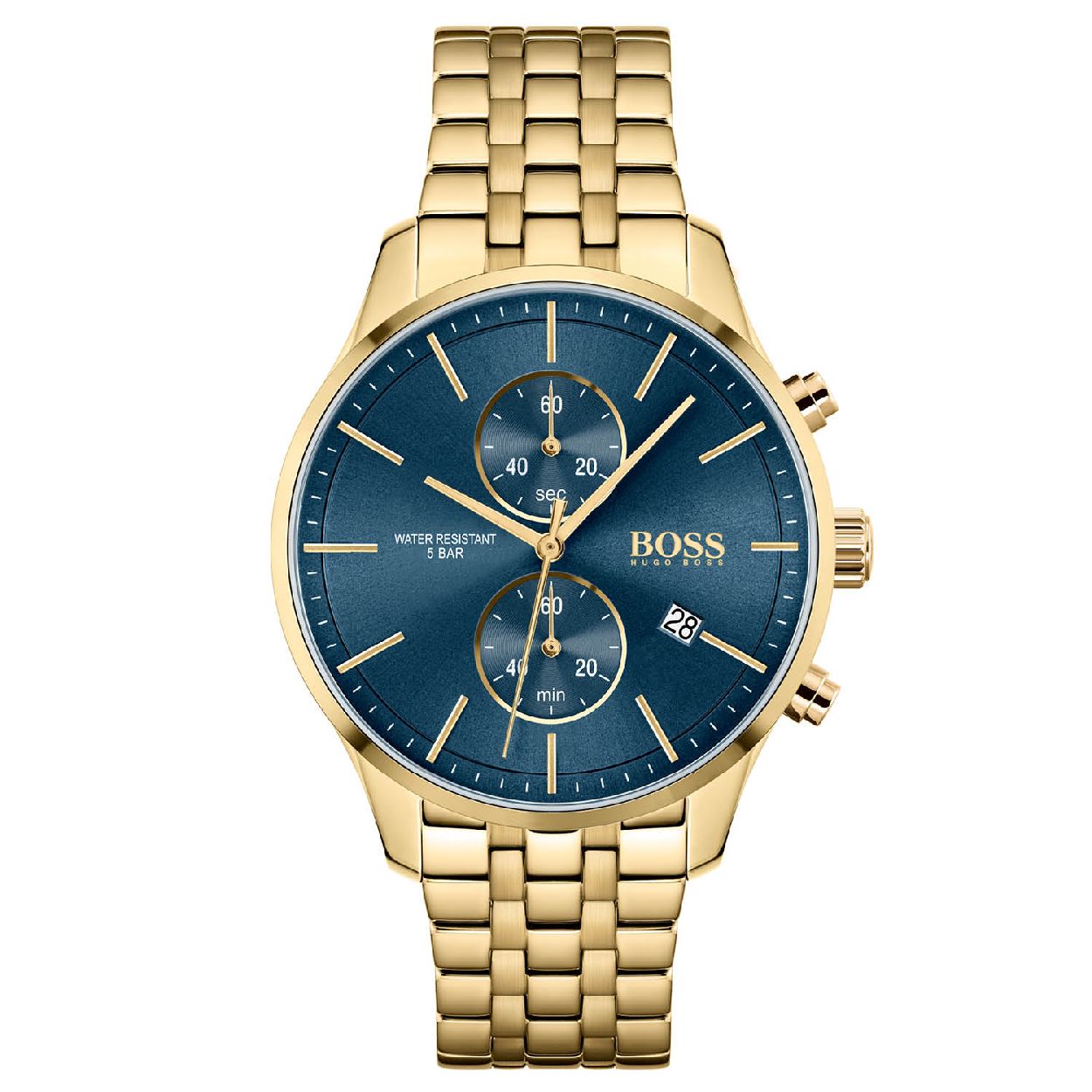 Hugo Boss herenuurwerk uit de 'Associate' collectie - Goudkleurige band en kast in edelstaal - Felblauwe wijzerplaat multifunctie met datumaanduiding - Chronograaf - Waterdichtheid: 5 ATM