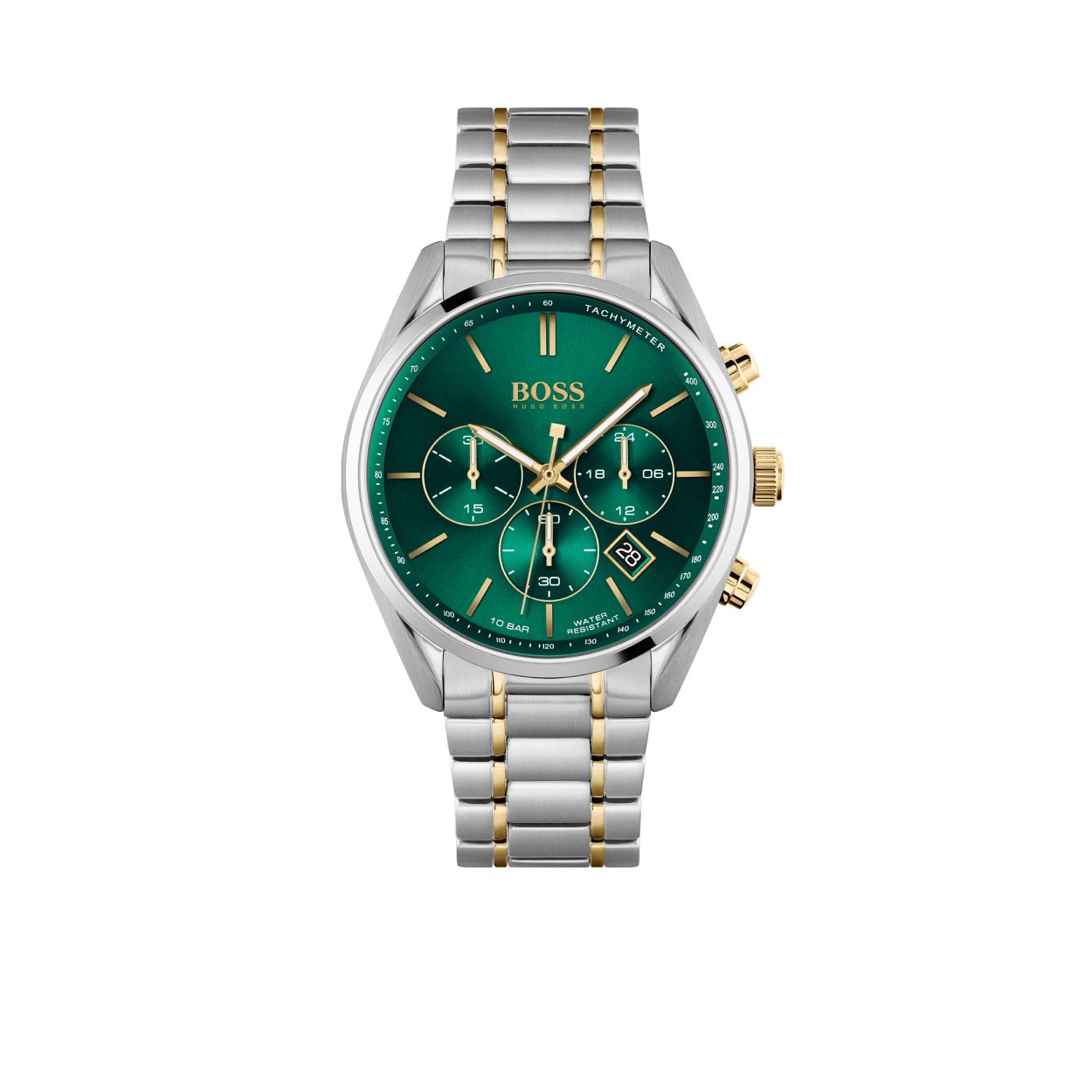 BOSS HB1513878 CHAMPION
Dit BOSS horloge uit de Champion serie met artikelnr. HB1513878 heeft een klassieke en stoere uitstraling. Het stijlvolle herenhorloge is voor de man van nu en kenmerkt zich door de zilverkleurige stalen horlogekast met een groene wijzerplaat met een chronograaf en datumaanduiding. Het horloge heeft een doorsnee van 44mm en een mineraalglas. De band heeft zilverkleurige matte schakels met een fijne goudkleurige rand in het midden en een vouwsluiting en is 10 ATM.

HET MERK:
HUGO BOSS is afgestemd op levensstijlen waar het gaat om kwaliteit en precisie. Het wereldwijde fashionlabel is verdeeld in twee merken: BOSS en HUGO. Het merk BOSS biedt geavanceerde, moderne horloges gericht op kwaliteit en design om een onberispelijke look te cre�ren � of het nu zakelijk, casual of sportief is. De horloge collectie van BOSS is perfect afgestemd op levensstijlen waar het gaat om kwaliteit en precisie. BOSS is op maat gemaakt in een onberispelijke stijl.

Blijf stijlvol bij de tijd. Voor de BOSS-vrouw is stijl het handelsmerk en draait alles om
details. Breng uw look naar een hoger niveau met onze nieuwe en kenmerkende horlogecollectie.

SPECIFICATIES:
- Mineraalglas
- Ronde kastvorm, � 44mm
- Zilverkleurige stalen horlogekast
- Groene wijzerplaat
- Bi-color stalen schakelband 
- 10 ATM
