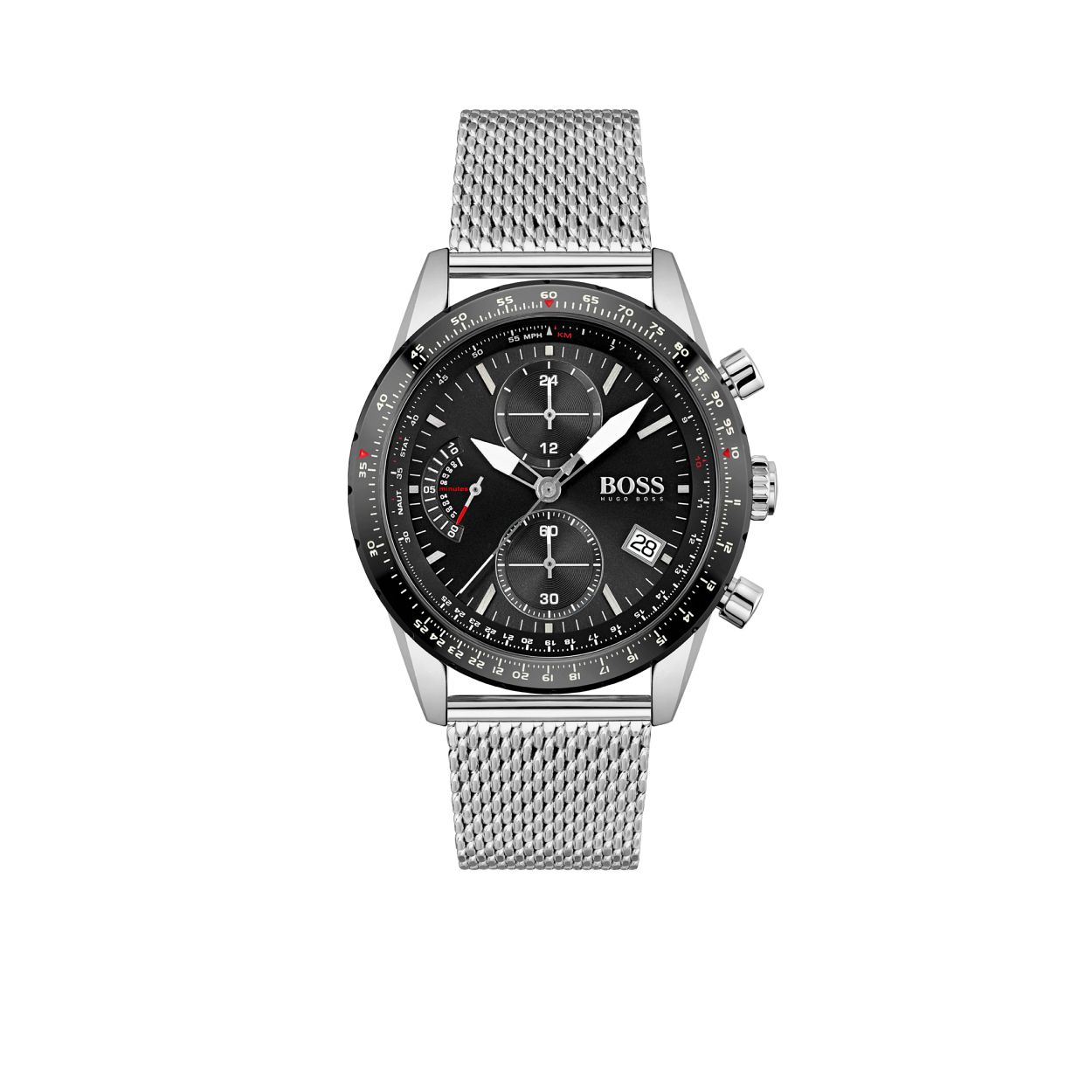 BOSS HB1513886 PILOT EDITION CHRONO
Dit BOSS horloge uit de Pilot Edition Chrono serie met artikelnr. HB1513886 heeft een spectaculaire uitstraling. Het specifieke herenhorloge is voor de liefhebber en is op de luchtvaart gebasserd. Het pilot herenhorloge heeft een zilverkleurige stalen horlogekast met een zwarte wijzerplaat met chronograaf en datumaanduiding en een zwarte bezel met diverse aanduidingen op de binnen en buitenrand zoals o.a een hoogtemeter. Het horloge heeft een doorsnee van 44mm met een mineraalglas en een zilverkleurige stalen milaneseband met klepsluiting en is 5 ATM.

HET MERK:
HUGO BOSS is afgestemd op levensstijlen waar het gaat om kwaliteit en precisie. Het wereldwijde fashionlabel is verdeeld in twee merken: BOSS en HUGO. Het merk BOSS biedt geavanceerde, moderne horloges gericht op kwaliteit en design om een onberispelijke look te cre�ren � of het nu zakelijk, casual of sportief is. De horloge collectie van BOSS is perfect afgestemd op levensstijlen waar het gaat om kwaliteit en precisie. BOSS is op maat gemaakt in een onberispelijke stijl.

Blijf stijlvol bij de tijd. Voor de BOSS-vrouw is stijl het handelsmerk en draait alles om
details. Breng uw look naar een hoger niveau met onze nieuwe en kenmerkende horlogecollectie.

SPECIFICATIES:
- Mineraalglas
- Ronde kastvorm, � 44mm
- Zilverkleurige stalen horlogekast
- Zwarte wijzerplaat
- Zwarte bezel
- Zilverkleurige stalen milanese band
- 5 ATM
