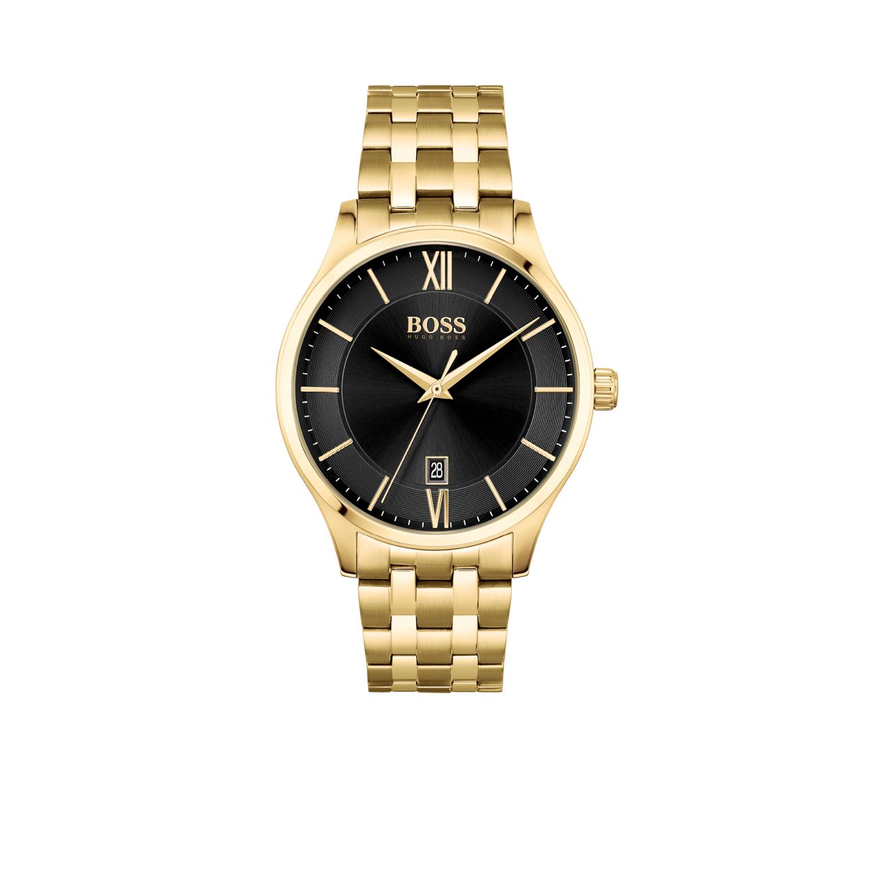 BOSS HB1513897 ELITE
Dit BOSS horloge uit de Elite serie met artikelnr. HB1513897 heeft een chique uitstraling. Het stijlvolle herenhorloge valt op aan zijn stalen goudkleurige horlogekast met zwarte wijzerplaat met datumaanduiding. De sierlijke goudkleurige wijzers en de romeinse becijfering van de 12 en de 6 maken het aanzicht heel klassiek. De kast van het horloge heeft een doorsnee van 41mm met een mineraalglas en heeft een goudkleurige stalen mat/glimmende schakelband met vouwsluiting en is 5 ATM.

HET MERK:
HUGO BOSS is afgestemd op levensstijlen waar het gaat om kwaliteit en precisie. Het wereldwijde fashionlabel is verdeeld in twee merken: BOSS en HUGO. Het merk BOSS biedt geavanceerde, moderne horloges gericht op kwaliteit en design om een onberispelijke look te cre�ren � of het nu zakelijk, casual of sportief is. De horloge collectie van BOSS is perfect afgestemd op levensstijlen waar het gaat om kwaliteit en precisie. BOSS is op maat gemaakt in een onberispelijke stijl.

Blijf stijlvol bij de tijd. Voor de BOSS-vrouw is stijl het handelsmerk en draait alles om
details. Breng uw look naar een hoger niveau met onze nieuwe en kenmerkende horlogecollectie.

SPECIFICATIES:
- Mineraalglas
- Ronde kastvorm, � 41mm
- Goudkleurige stalen horlogekast
- Zwarte wijzerplaat
- Romeinse cijfers
- Goudkleurige stalen schakelband 
- 5 ATM
