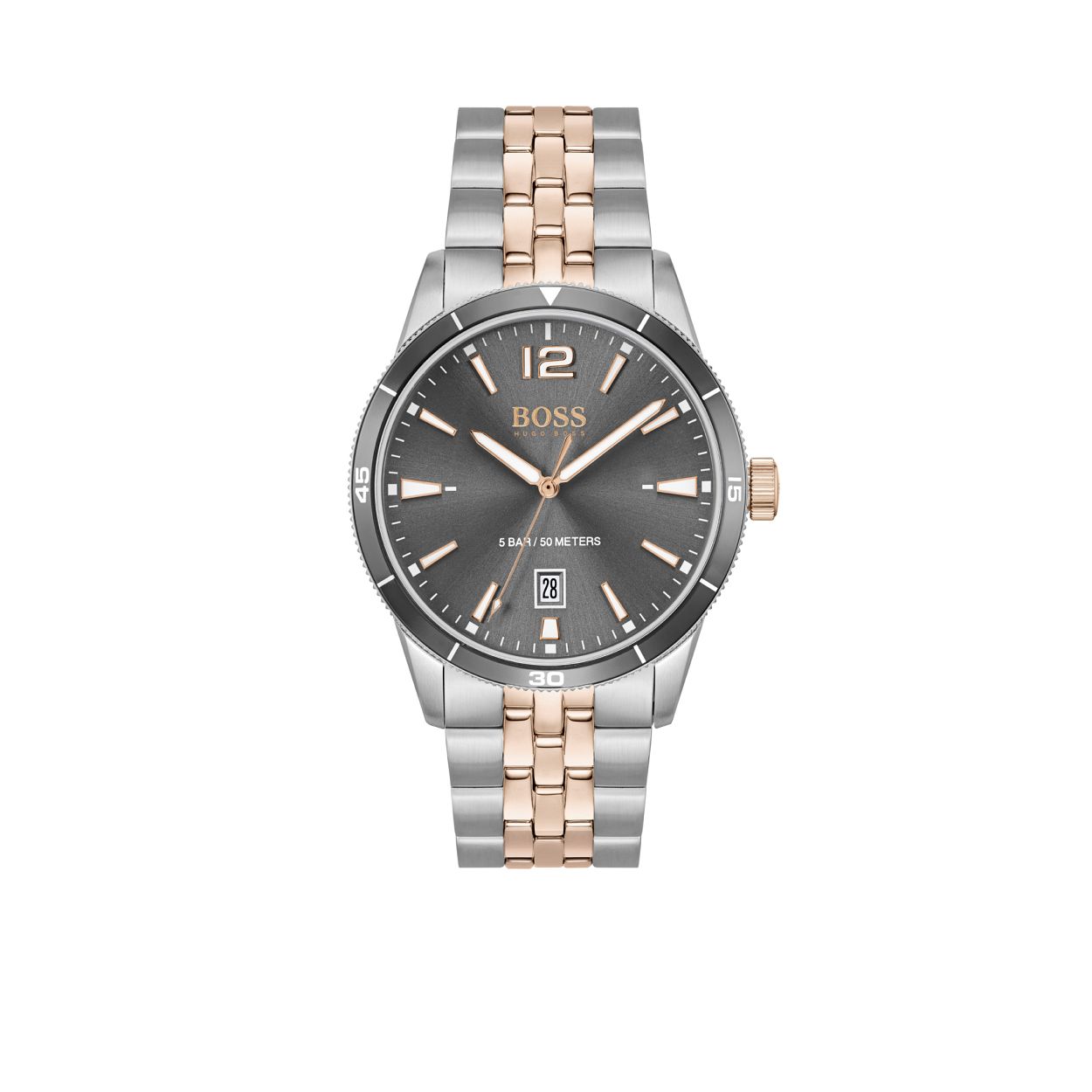 BOSS HB1513903 DRIFTER
Dit BOSS horloge uit de Drifter serie met artikelnr. HB1513903 heeft een klassieke en stoere uitstraling. Het stijlvolle herenhorloge is voor de man van nu en kenmerkt zich door de zilverkleurige stalen horlogekast met een grijze wijzerplaat en grijze bezel en een datumaanduiding. Het horloge heeft een doorsnee van 42mm met een mineraalglas en een zilverkleurige stalen mat/glimmende schakelband met goudkleurige rand in het midden met een vouwsluiting en is 5 ATM.

HET MERK:
HUGO BOSS is afgestemd op levensstijlen waar het gaat om kwaliteit en precisie. Het wereldwijde fashionlabel is verdeeld in twee merken: BOSS en HUGO. Het merk BOSS biedt geavanceerde, moderne horloges gericht op kwaliteit en design om een onberispelijke look te cre�ren � of het nu zakelijk, casual of sportief is. De horloge collectie van BOSS is perfect afgestemd op levensstijlen waar het gaat om kwaliteit en precisie. BOSS is op maat gemaakt in een onberispelijke stijl.

Blijf stijlvol bij de tijd. Voor de BOSS-vrouw is stijl het handelsmerk en draait alles om
details. Breng uw look naar een hoger niveau met onze nieuwe en kenmerkende horlogecollectie.

SPECIFICATIES:
- Mineraalglas
- Ronde kastvorm, � 42mm
- Zilverkleurige stalen horlogekast
- Grijze wijzerplaat
- Grijze bezel
- Bi-color stalen schakelband 
- 5 ATM
