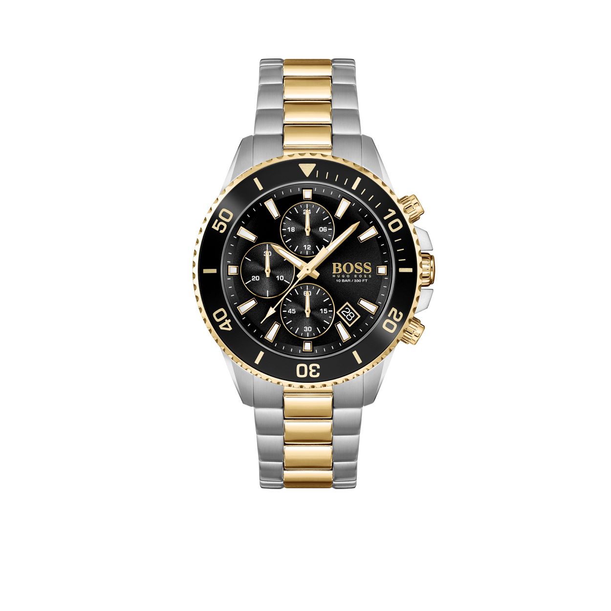 BOSS HB1513908 ADMIRAL
Dit BOSS horloge uit de Admiral serie met artikelnr. HB1513908 heeft een sportieve maar ook stoere uitstraling. Het stijlvolle herenhorloge kenmerkt zich door zijn stalen zilverkleurige horlogekast met de grove zwarte draaibare bezel en zwarte wijzerplaat met chronograaf en datumaanduiding. De kast van het horloge heeft een doorsnee van 46mm met een mineraalglas en heeft een bi-color stalen schakelband met vouwsluiting en is 10 ATM.

Blijf stijlvol bij de tijd. Voor de BOSS-vrouw is stijl het handelsmerk en draait alles om
details. Breng uw look naar een hoger niveau met onze nieuwe en kenmerkende horlogecollectie.

SPECIFICATIES:
- Mineraalglas
- Ronde kastvorm, 46mm
- Zilverkleurige stalen horlogekast
- Zwarte wijzerplaat
- Zwarte bezel
- Bi-color stalen schakelband 
- 10 ATM
