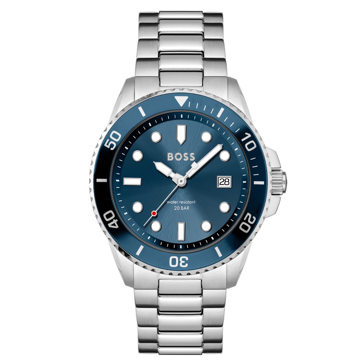 BOSS HB1513916 ACE
Dit BOSS horloge uit de Ace serie met artikelnr. HB1513916 heeft een sportieve uitstraling. Het stoere diver herenhorloge valt op aan zijn zilverkleurige stalen horlogekast met blauwe draaibare bezel met tachymeter en blauwe wijzerplaat met datumaanduiding. De uur- en minuten wijzer hebben een lumibrite inleg en de secondewijzer heeft een opvallend rood accent. De kast van het horloge heeft een doorsnee van 43mm met een mineraalglas en is 20 ATM. Het horloge heeft een zilverkleurige stalen mat/glimmend schakelband met een vouwsluiting. Dit horloge is geschikt voor watersport.

HET MERK
HUGO BOSS is afgestemd op levensstijlen waar het gaat om kwaliteit en precisie. Het wereldwijde fashionlabel is verdeeld in twee merken BOSS en HUGO. Het merk BOSS biedt geavanceerde moderne horloges gericht op kwaliteit en design om een onberispelijke look te cre�ren � of het nu zakelijk casual of sportief is. De horloge collectie van BOSS is perfect afgestemd op levensstijlen waar het gaat om kwaliteit en precisie. BOSS is op maat gemaakt in een onberispelijke stijl.

Blijf stijlvol bij de tijd. Voor de BOSS-vrouw is stijl het handelsmerk en draait alles om
details. Breng uw look naar een hoger niveau met onze nieuwe en kenmerkende horlogecollectie.

SPECIFICATIES
- Mineraalglas
- Ronde kastvorm � 43mm
- Zilverkleurige stalen horlogekast
- Blauwe wijzerplaat
- Datum
- Draaibare bezel
- Zilverkleurige stalen schakelband 
- 20 ATM
